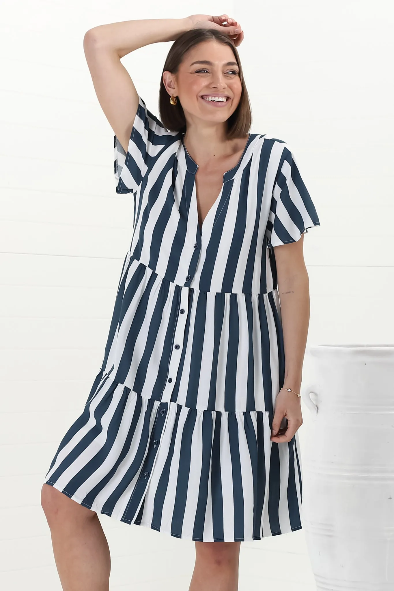 Wilma Mini Dress - Bermuda Collar Button Down Dress with Cap Sleeves in Gaubi Print Blue sold by Salty Crush product image thumbnail 2
