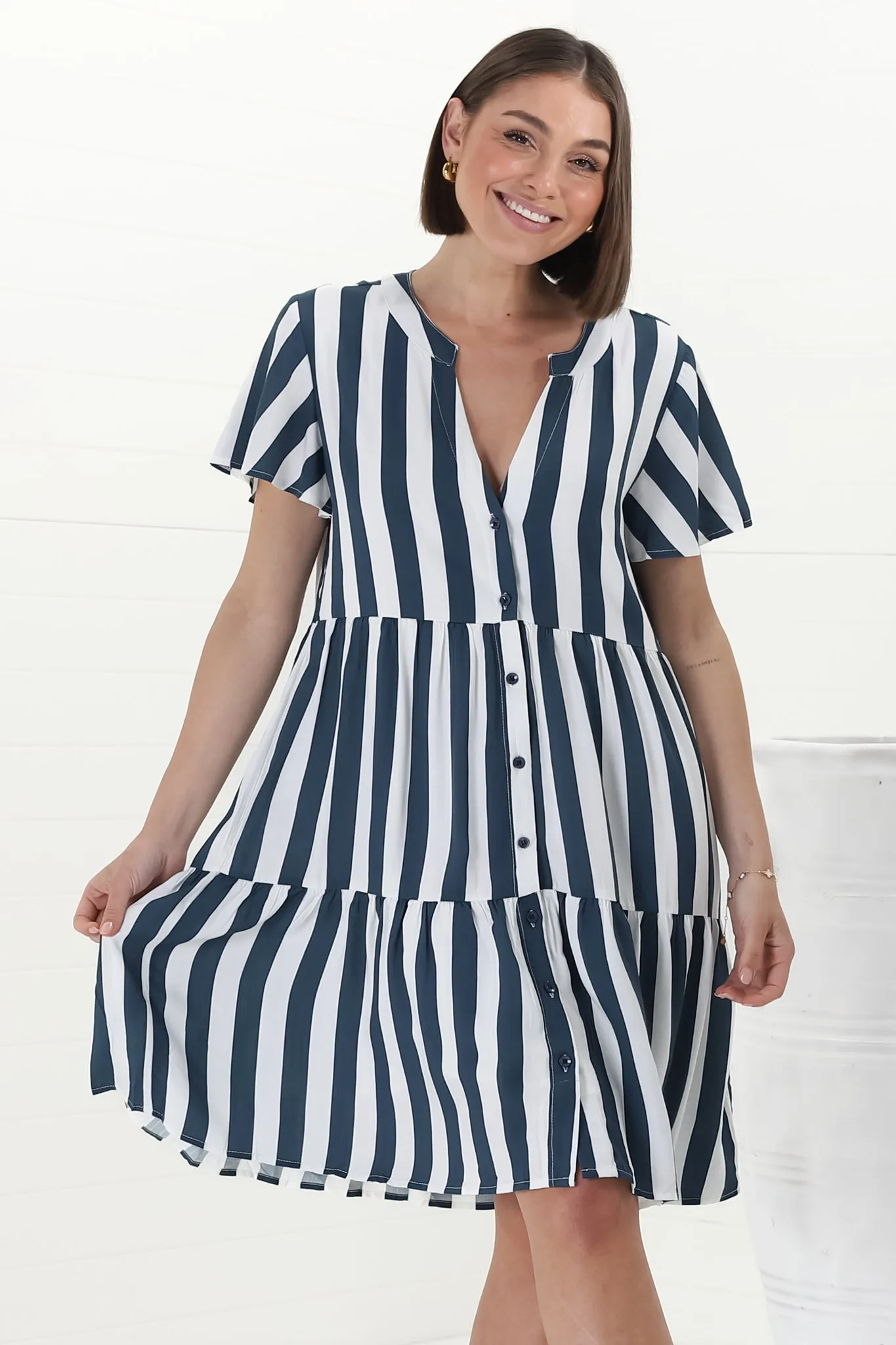 Wilma Mini Dress - Bermuda Collar Button Down Dress with Cap Sleeves in Gaubi Print Blue sold by Salty Crush product image thumbnail 4