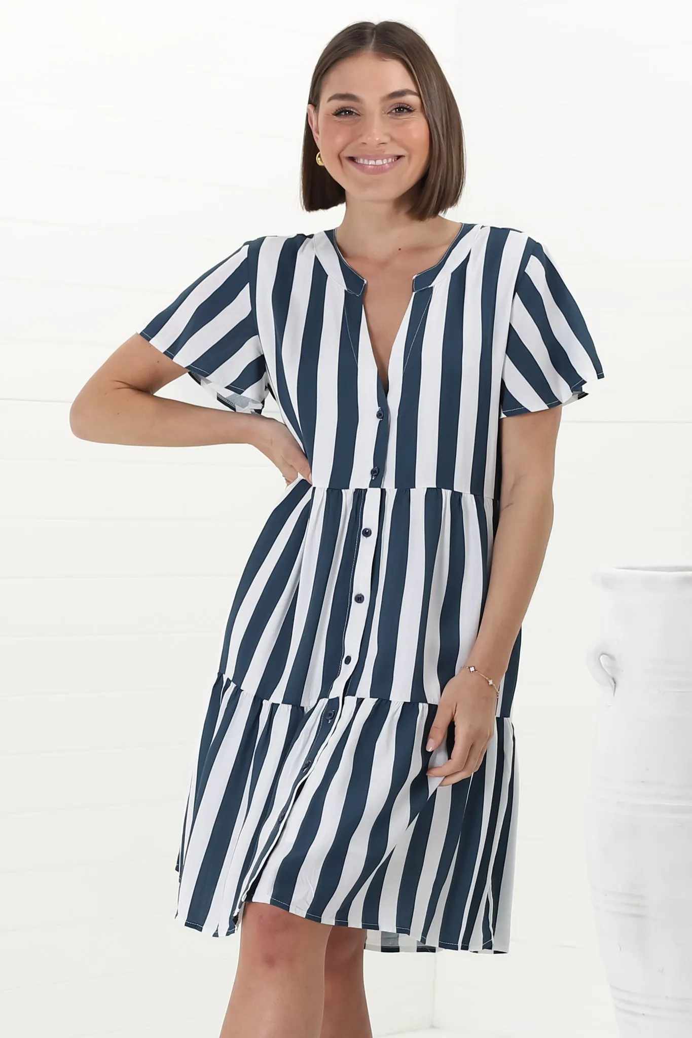 Wilma Mini Dress - Bermuda Collar Button Down Dress with Cap Sleeves in Gaubi Print Blue sold by Salty Crush