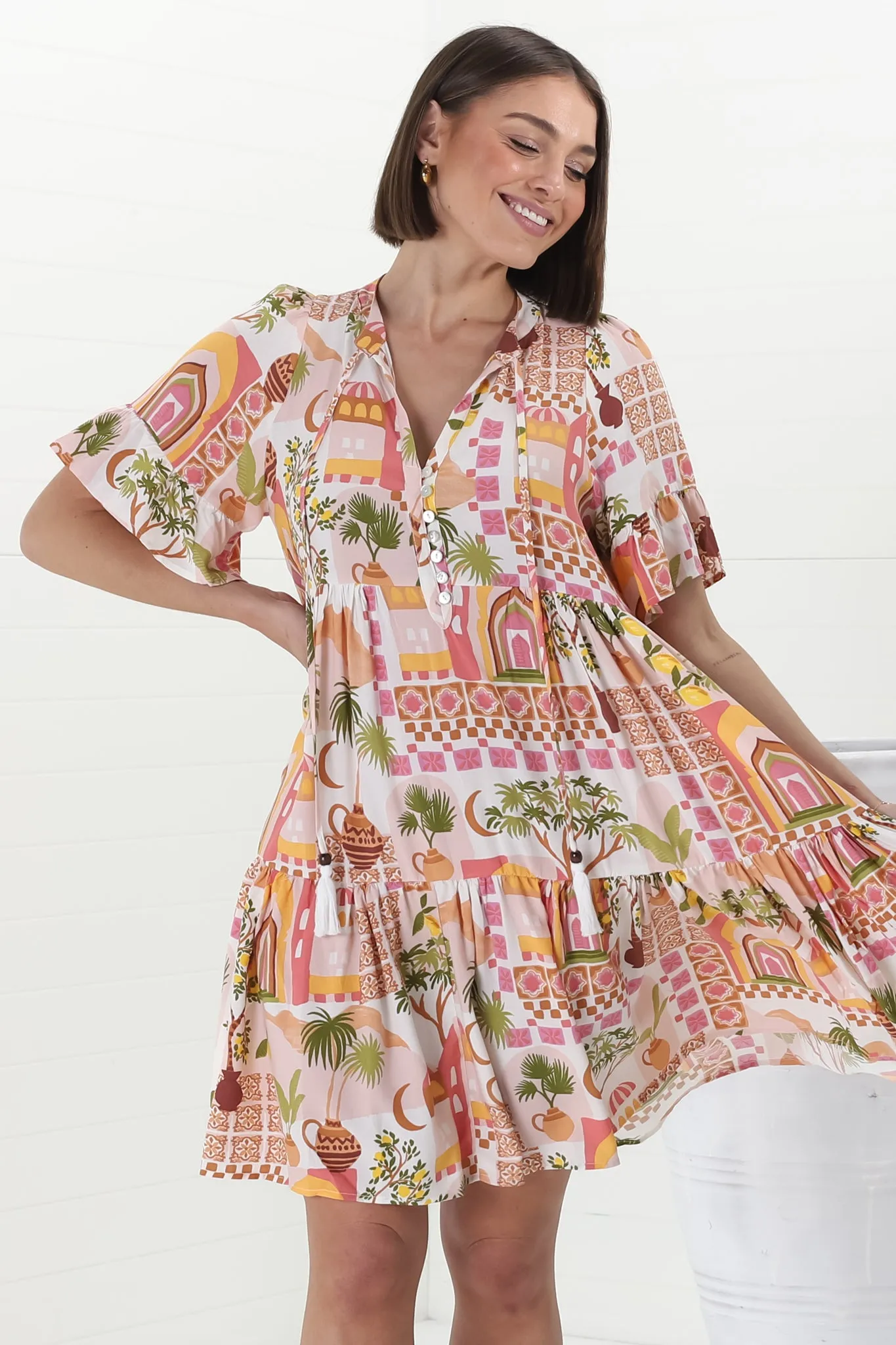 Abilia Mini Dress - Mandarin Collar Buttoned Bodice Smock Dress in Baroa Print sold by Salty Crush product image thumbnail 4