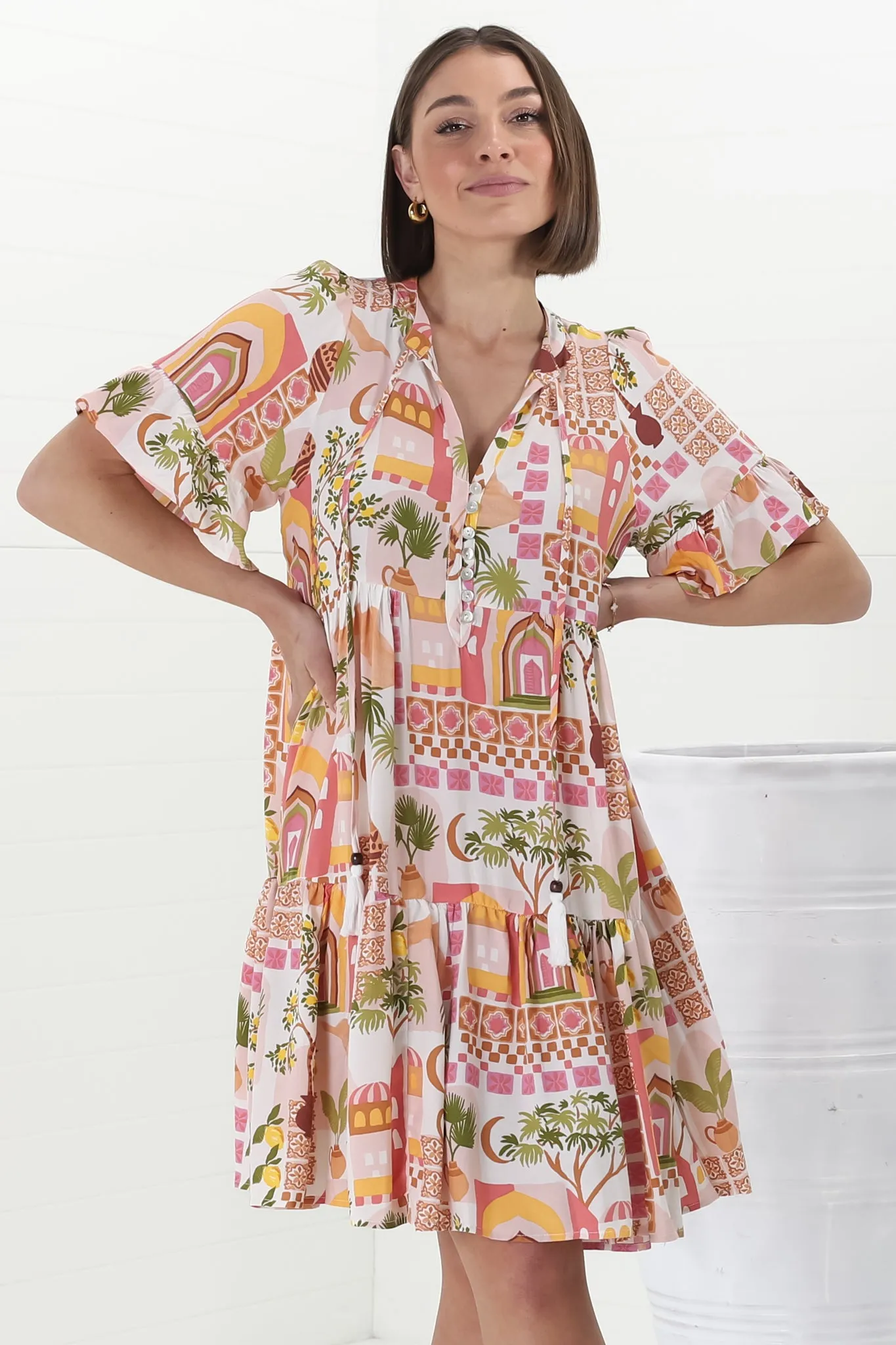 Abilia Mini Dress - Mandarin Collar Buttoned Bodice Smock Dress in Baroa Print sold by Salty Crush product image thumbnail 3
