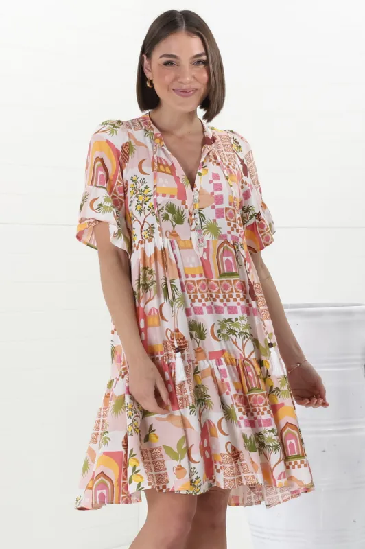 Abilia Mini Dress - Mandarin Collar Buttoned Bodice Smock Dress in Baroa Print sold by Salty Crush