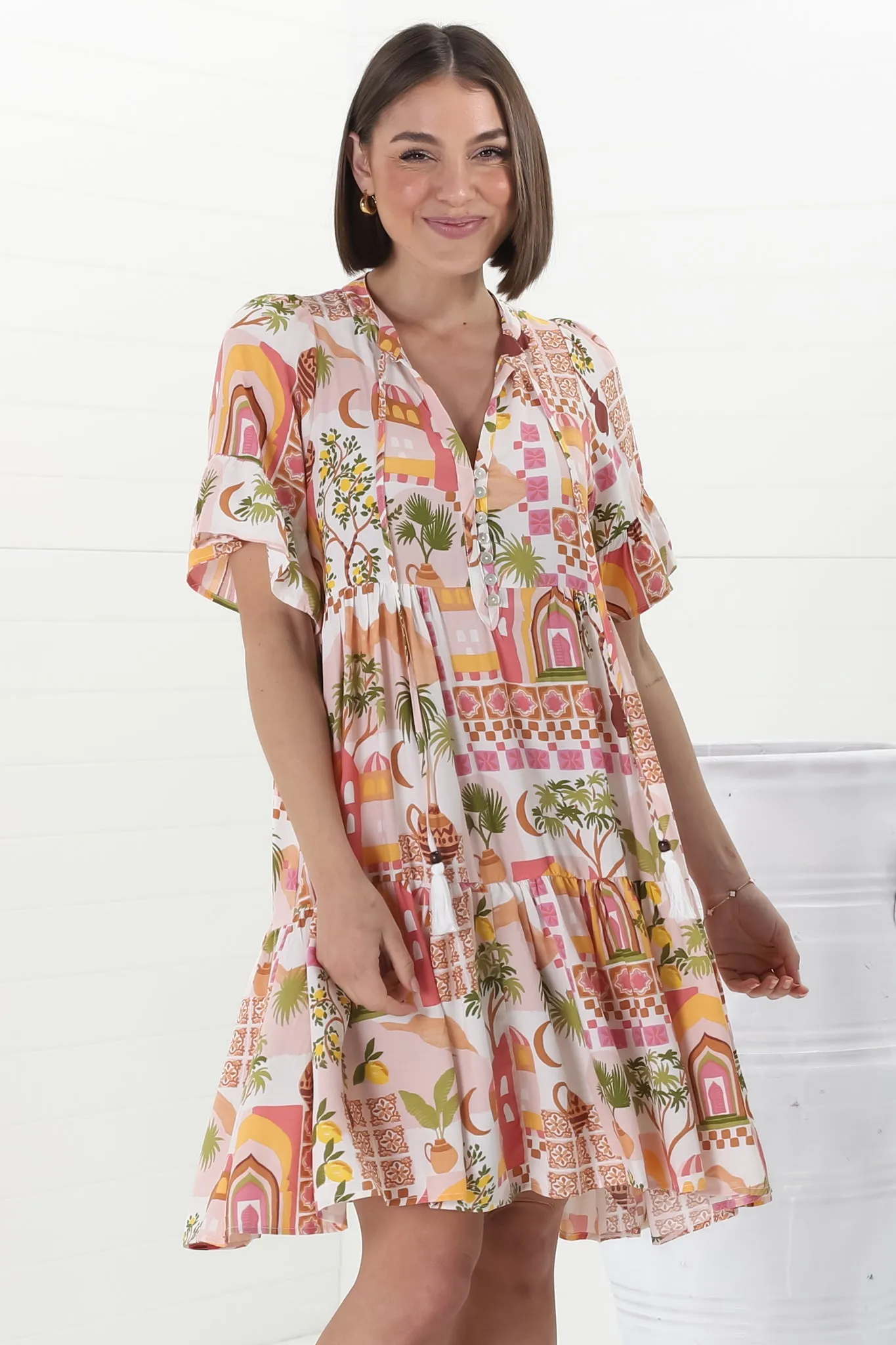 Abilia Mini Dress - Mandarin Collar Buttoned Bodice Smock Dress in Baroa Print sold by Salty Crush