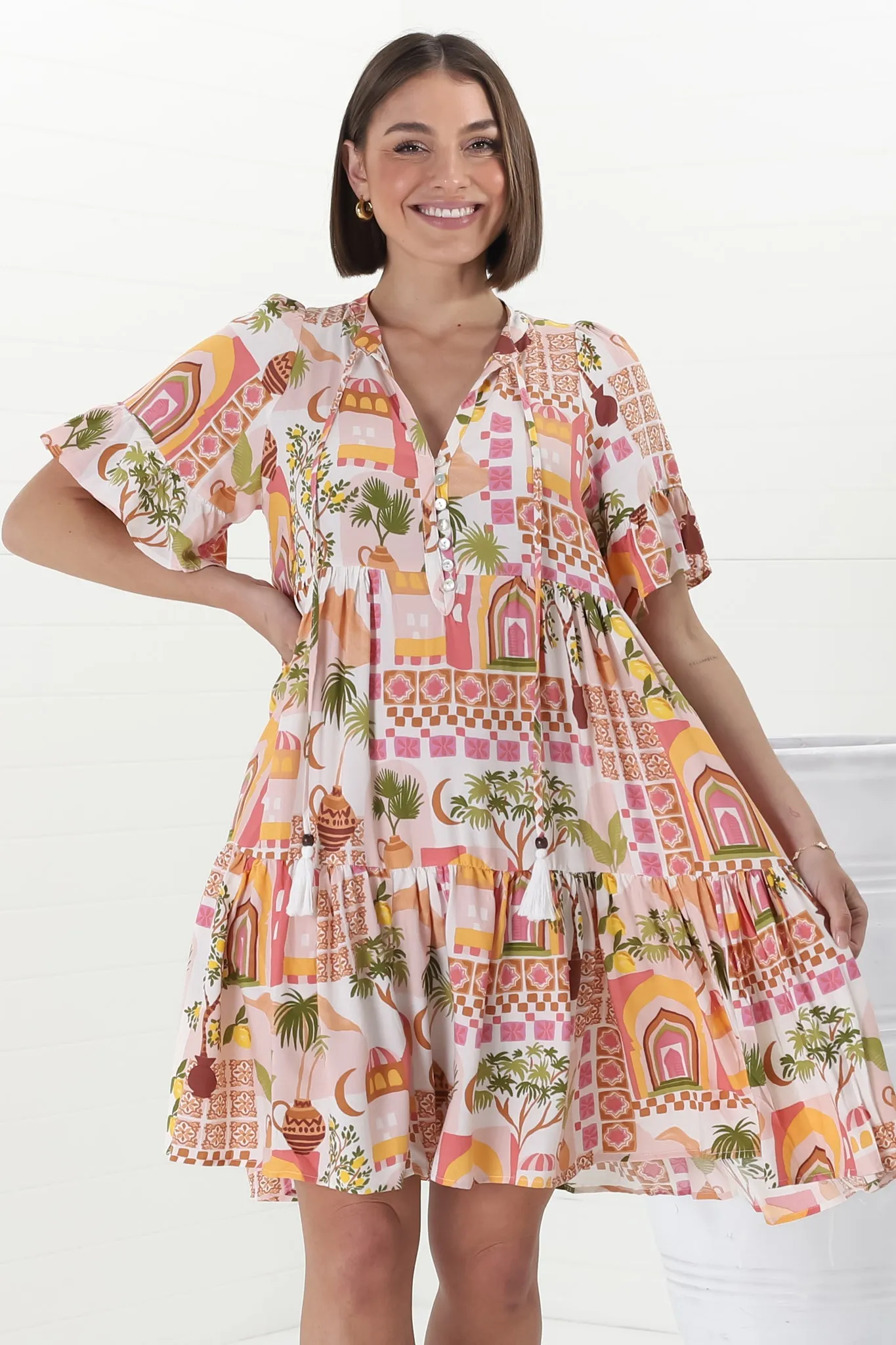 Abilia Mini Dress - Mandarin Collar Buttoned Bodice Smock Dress in Baroa Print sold by Salty Crush product image thumbnail 5
