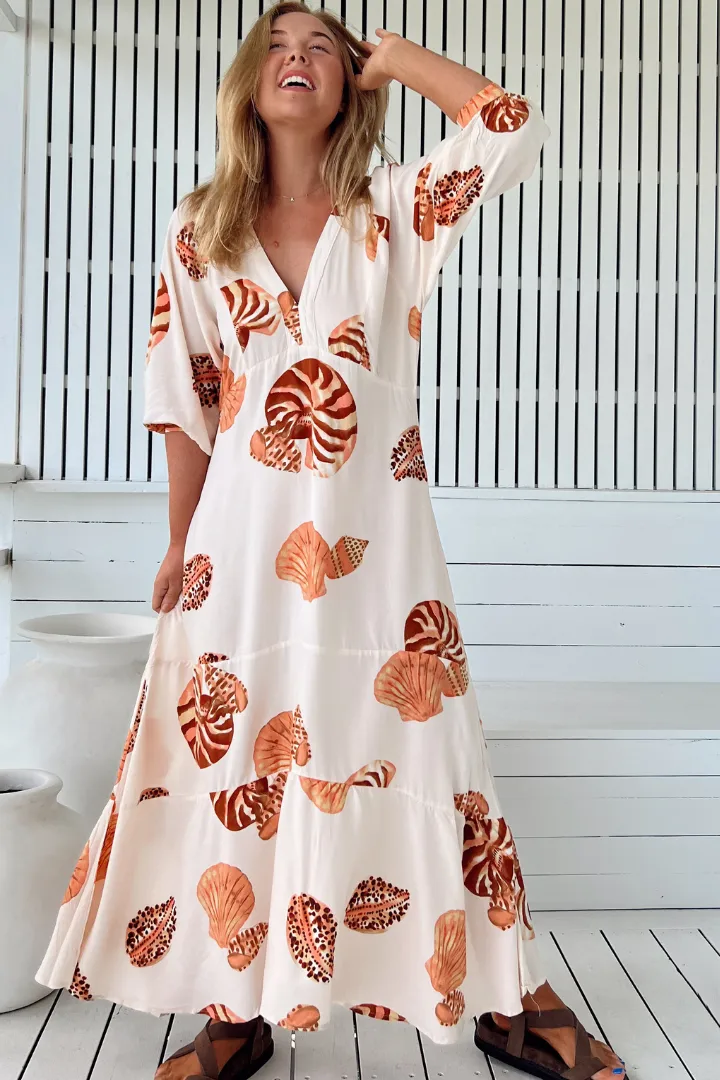 Maisie Maxi Dress - Batwing Sleeve Button Down Smock Dress in Marcel Print sold by Salty Crush