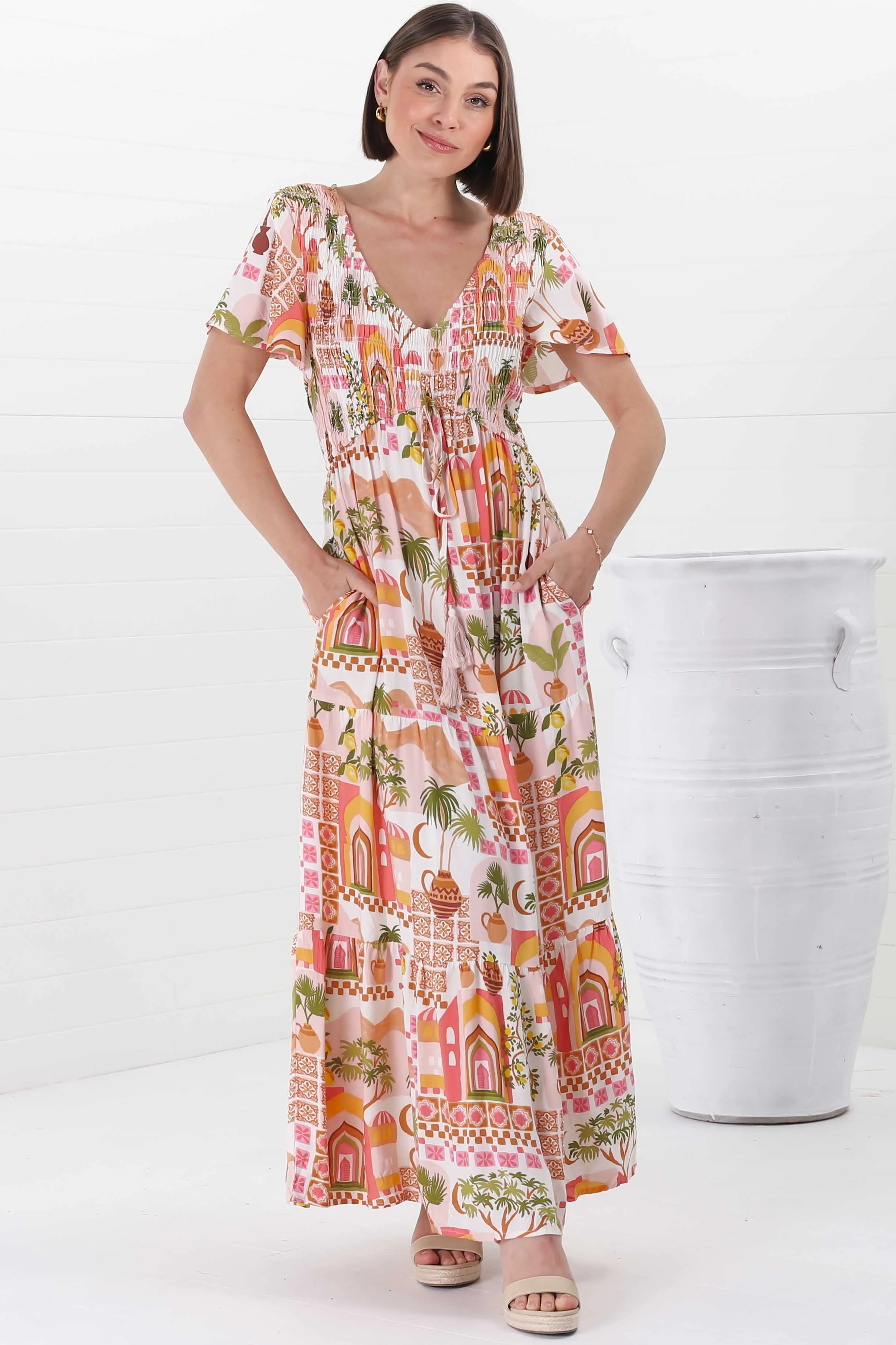 Amaya Maxi Dress - Shirred Cap Sleeve A Line Dress in Baroa Print sold by Salty Crush product image thumbnail 2