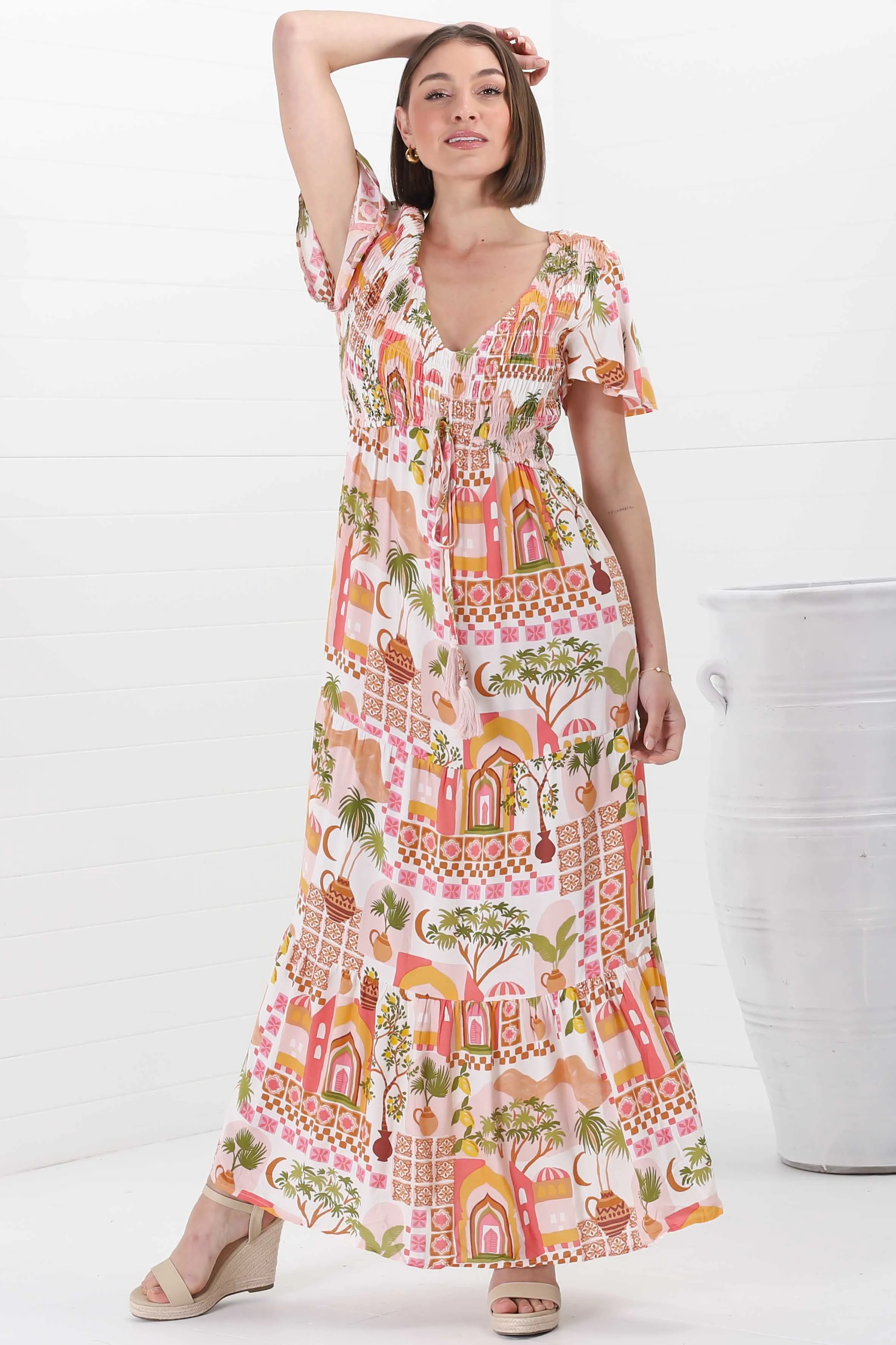 Amaya Maxi Dress - Shirred Cap Sleeve A Line Dress in Baroa Print sold by Salty Crush product image thumbnail 5