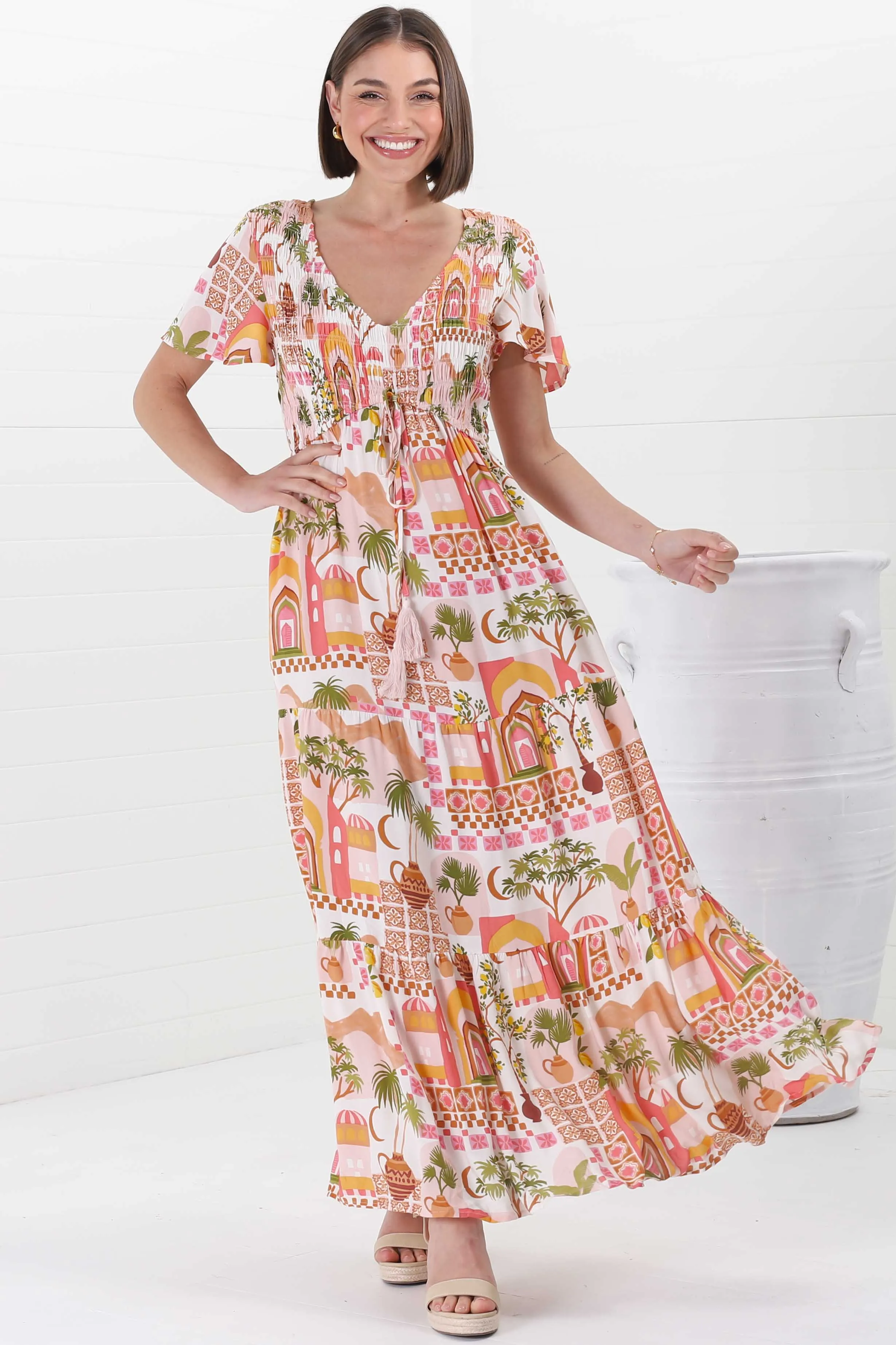 Amaya Maxi Dress - Shirred Cap Sleeve A Line Dress in Baroa Print sold by Salty Crush