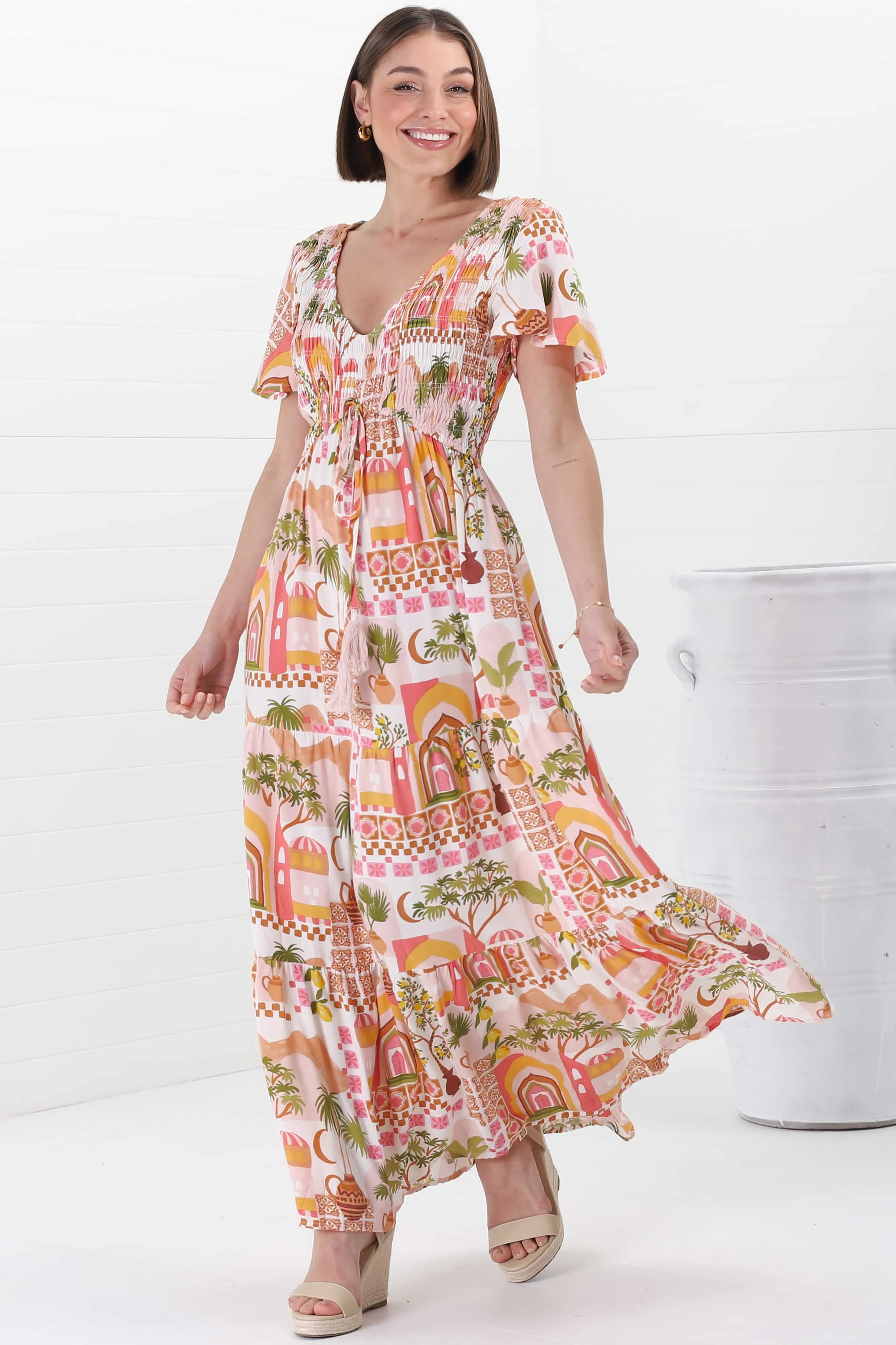 Amaya Maxi Dress - Shirred Cap Sleeve A Line Dress in Baroa Print sold by Salty Crush product image thumbnail 4