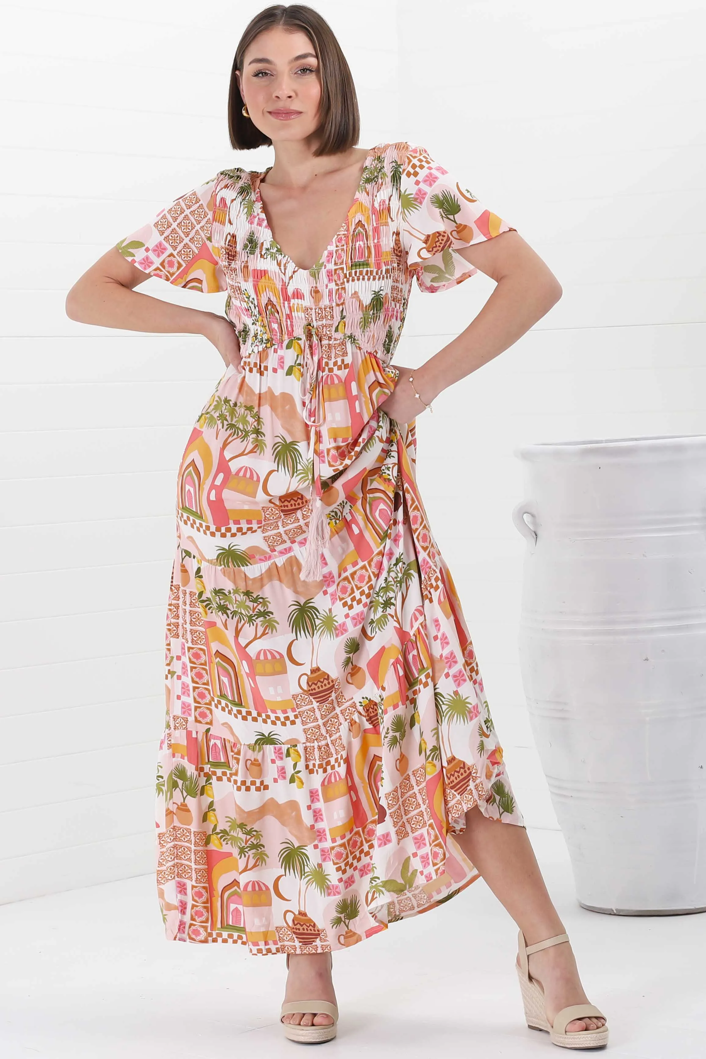 Amaya Maxi Dress - Shirred Cap Sleeve A Line Dress in Baroa Print sold by Salty Crush product image thumbnail 3