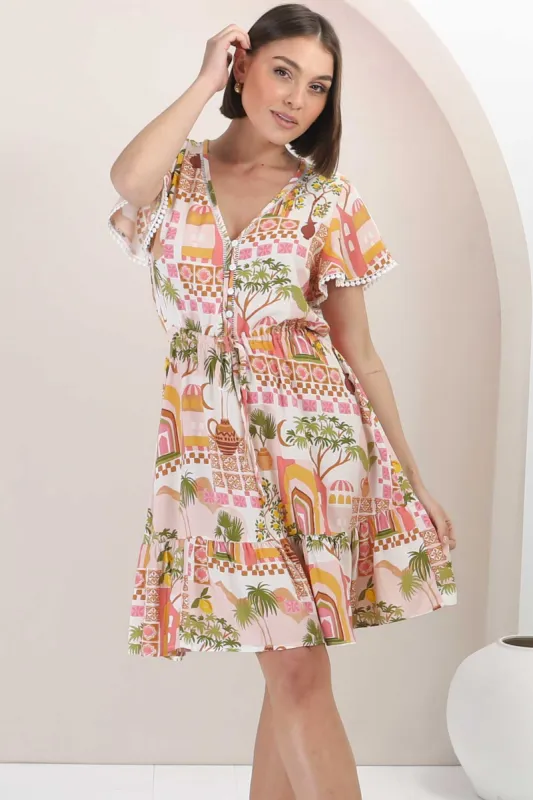 Lorena Mini Dress - V Neck Pull Tie Waist Mini Dress in Baroa Print sold by Salty Crush