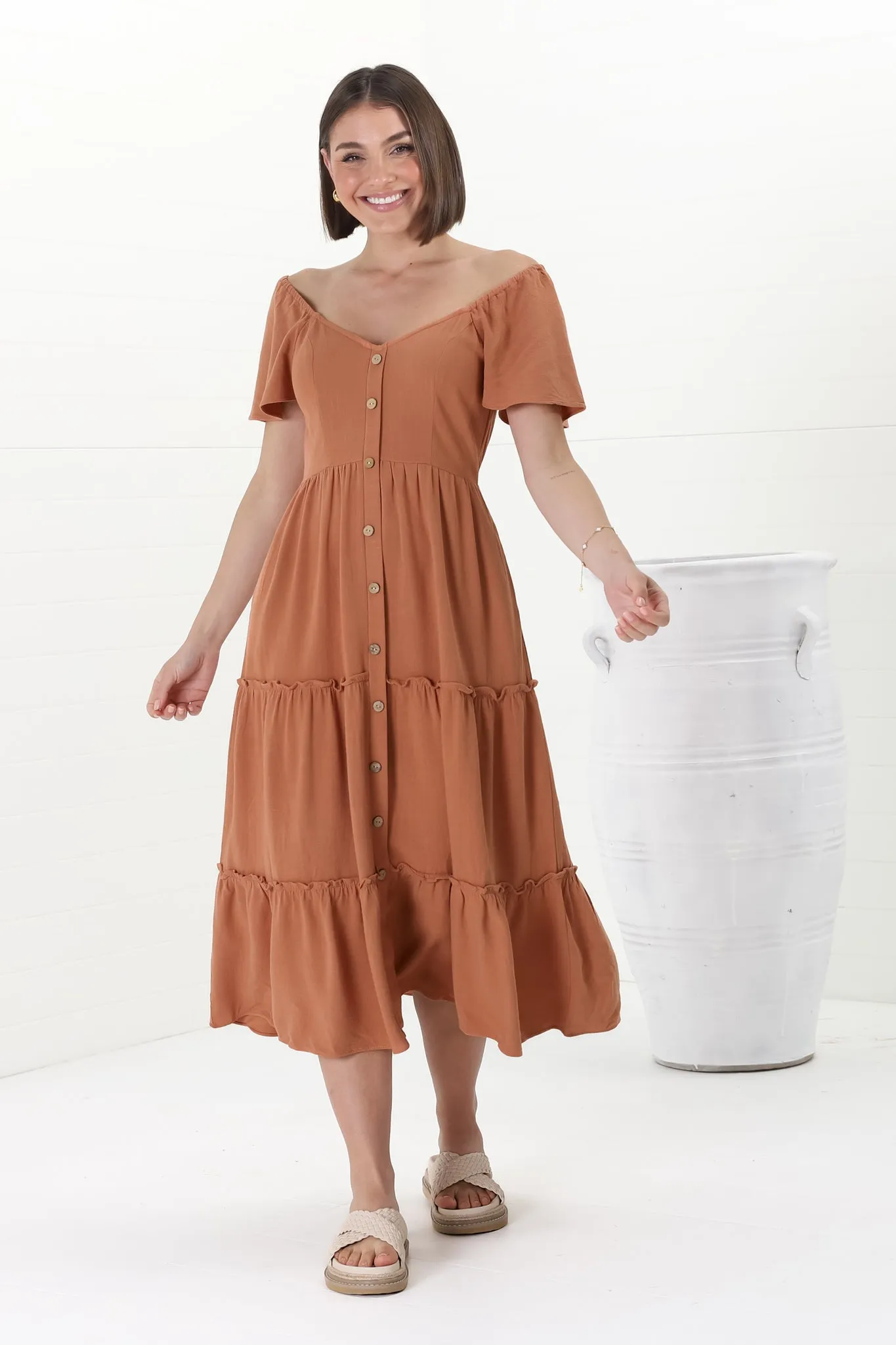 Karina Midi Dress - Button Down Cap Sleeve Tiered Dress in Rust sold by Salty Crush product image thumbnail 3