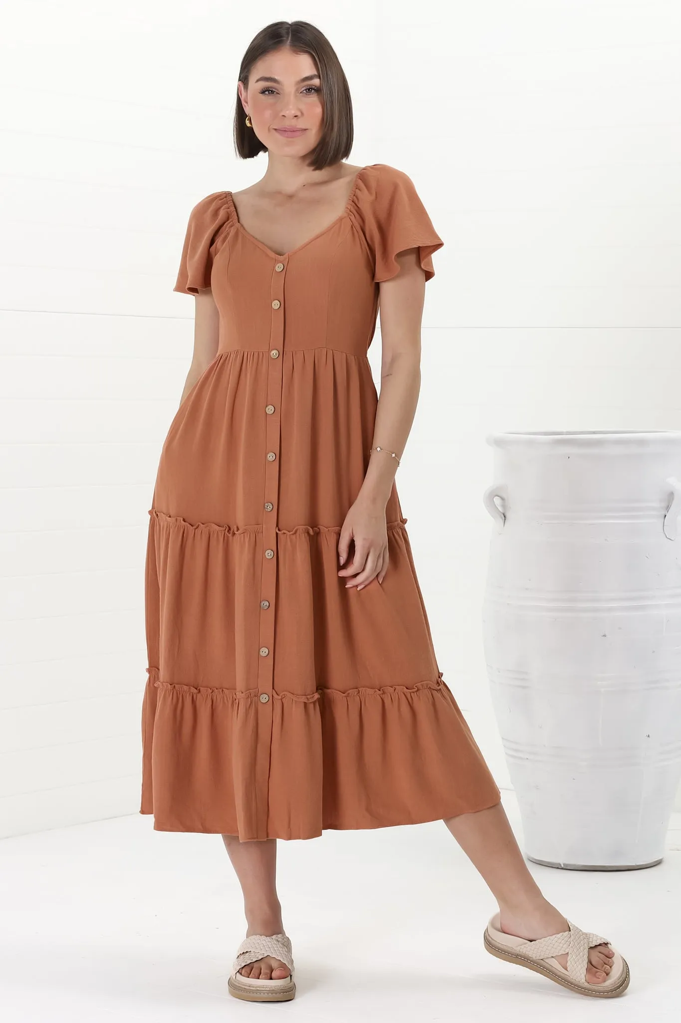 Karina Midi Dress - Button Down Cap Sleeve Tiered Dress in Rust sold by Salty Crush product image thumbnail 5
