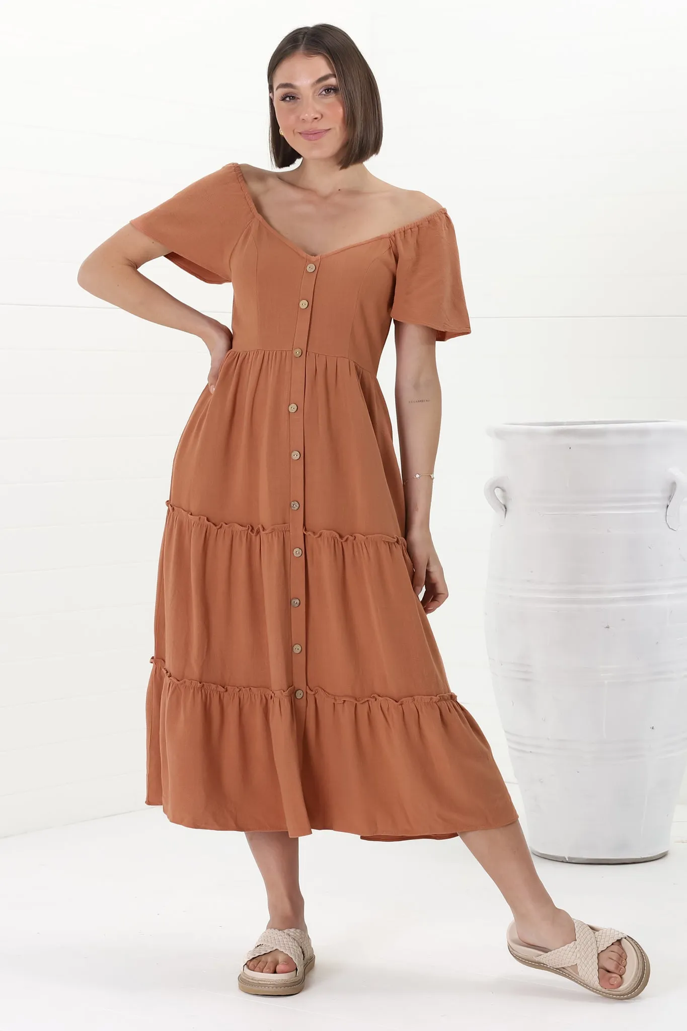 Karina Midi Dress - Button Down Cap Sleeve Tiered Dress in Rust sold by Salty Crush