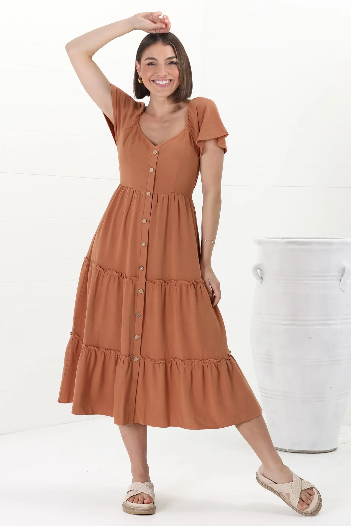 Karina Midi Dress - Button Down Cap Sleeve Tiered Dress in Rust sold by Salty Crush product image thumbnail 2