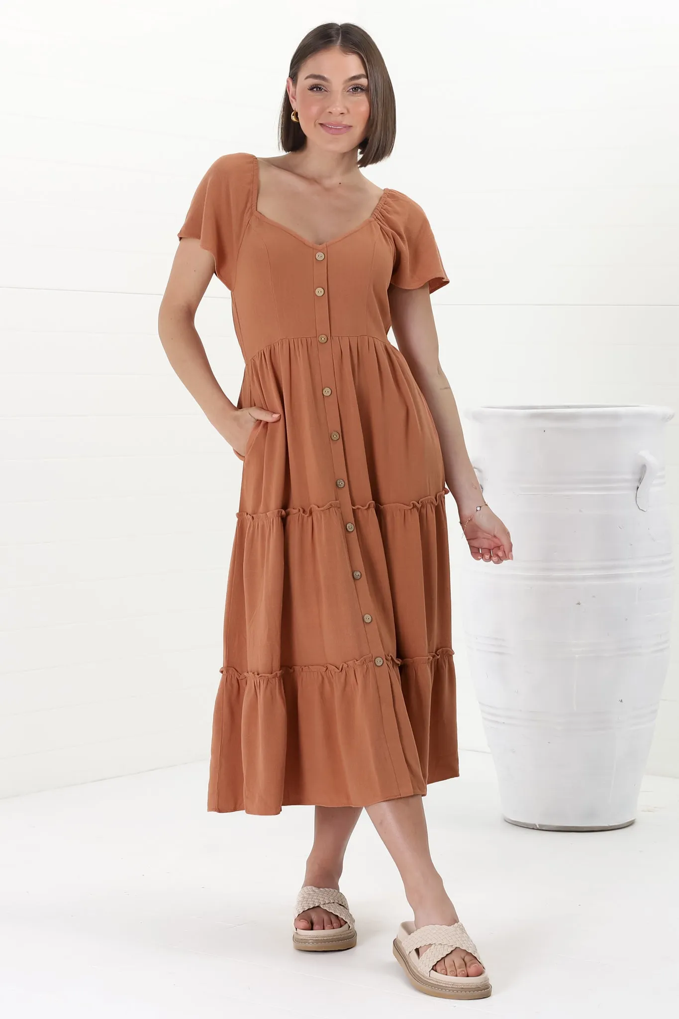 Karina Midi Dress - Button Down Cap Sleeve Tiered Dress in Rust sold by Salty Crush product image thumbnail 4