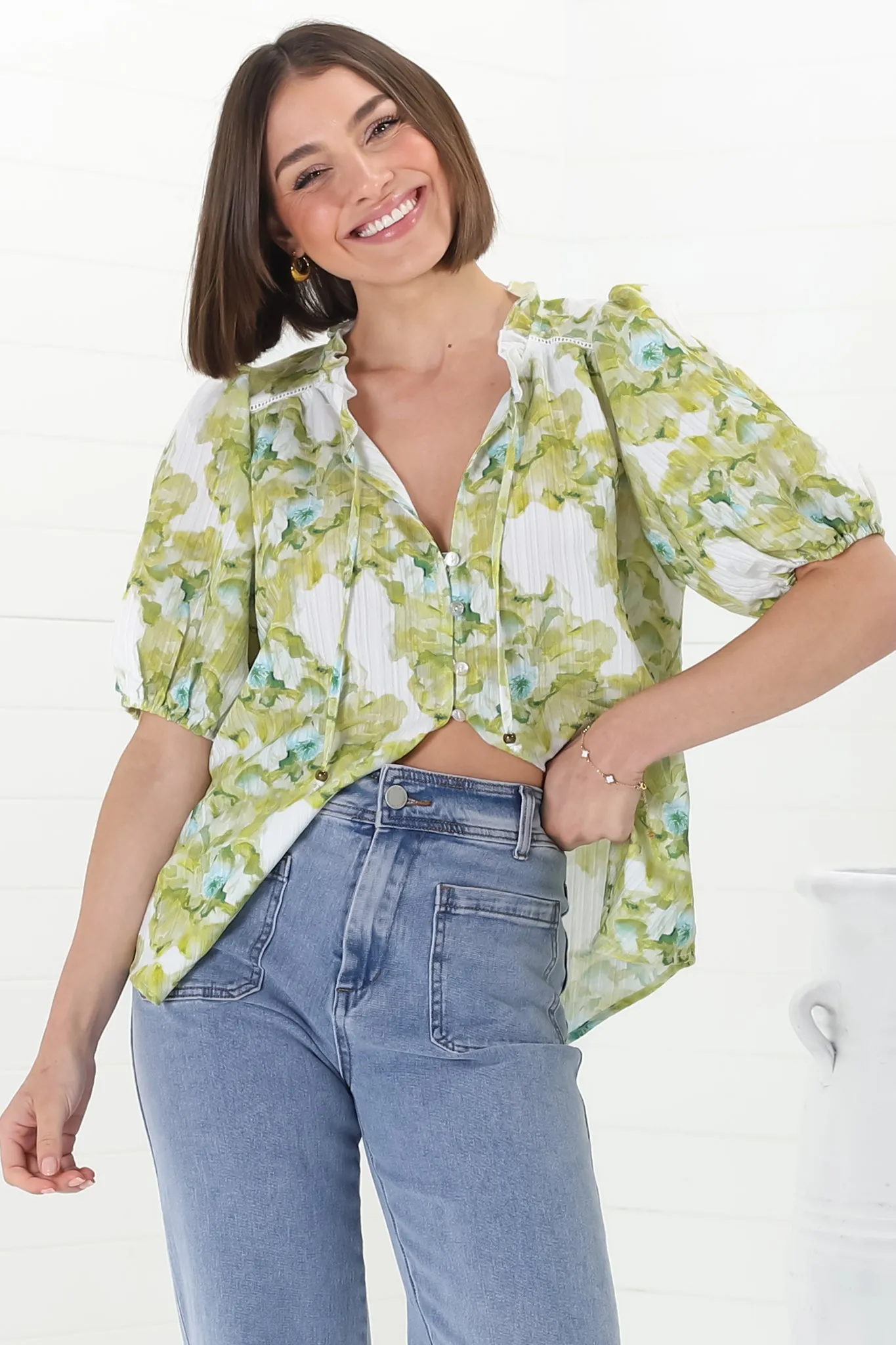 Neo Blouse - High Frill Collar Button Down Shirt in Franc Print Lime sold by Salty Crush product image thumbnail 4