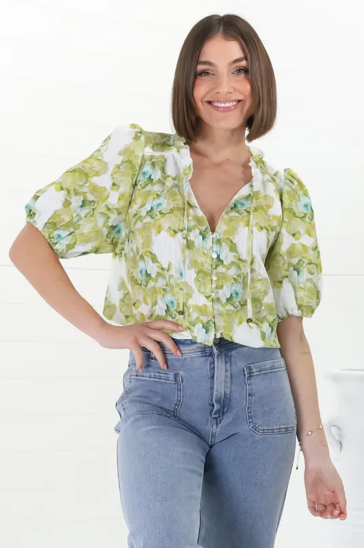 Neo Blouse - High Frill Collar Button Down Shirt in Franc Print Lime sold by Salty Crush