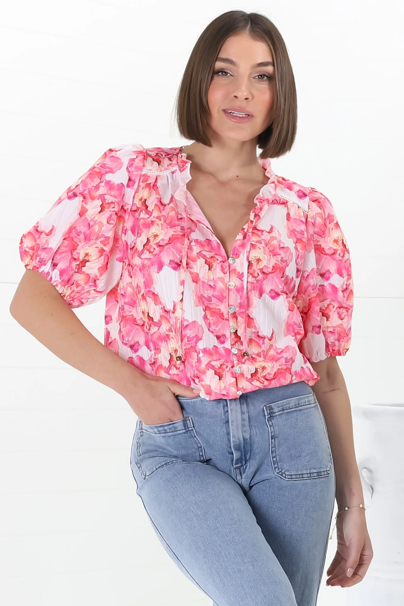 Neo Blouse - High Frill Collar Button Down Shirt in Franc Print Pink sold by Salty Crush product image thumbnail 4
