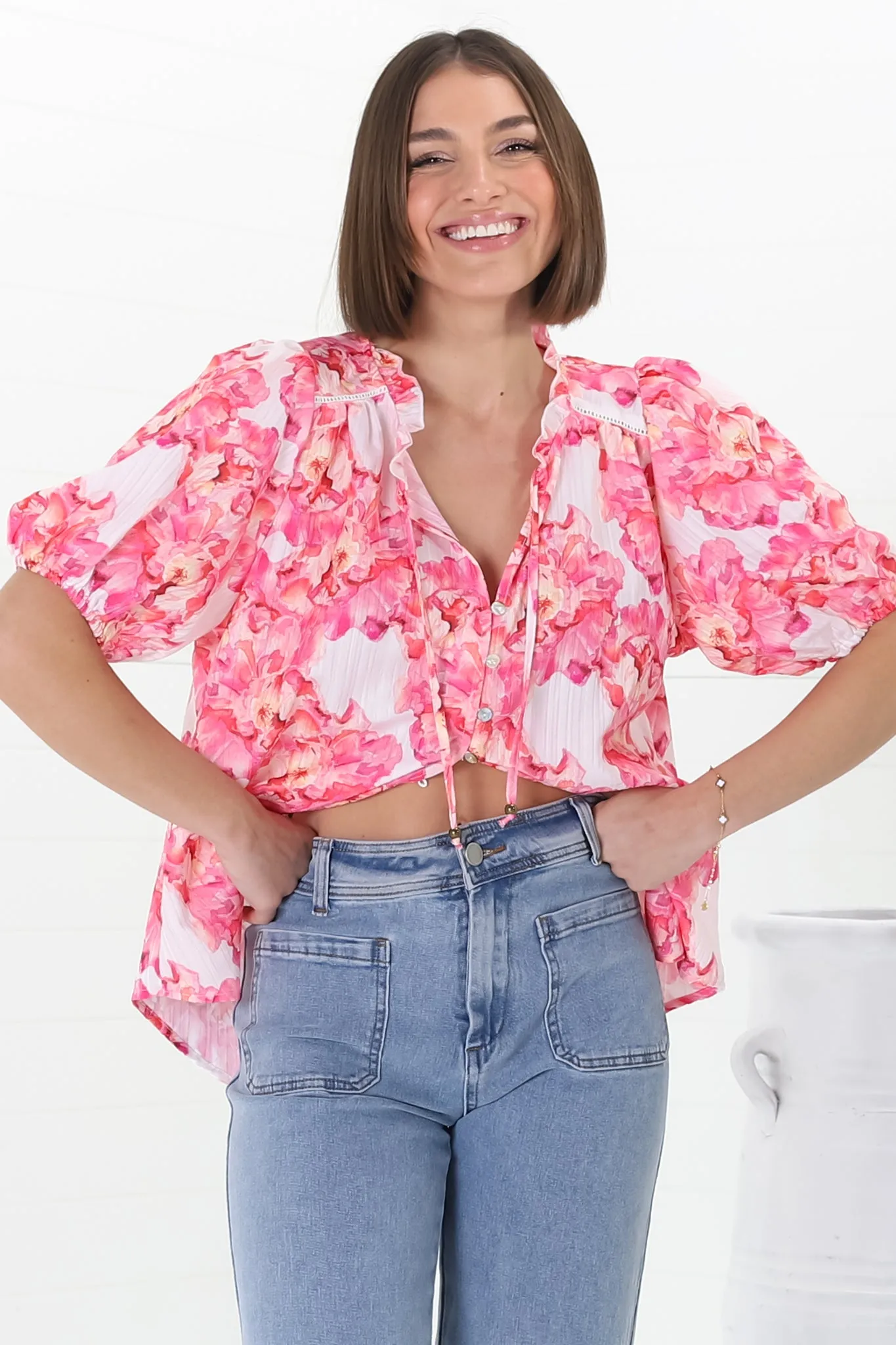 Neo Blouse - High Frill Collar Button Down Shirt in Franc Print Pink sold by Salty Crush product image thumbnail 5