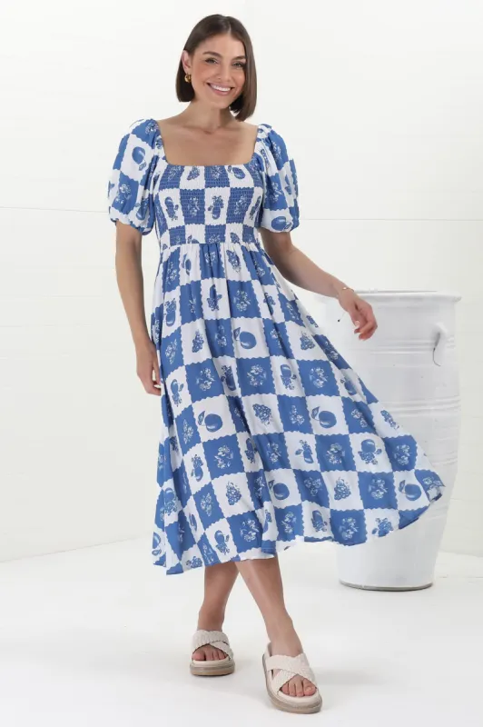 Shira Midi Dress - On Or Off Shoulder Elasticated Bodice Dress With Short Balloon Sleeves In Flux Print Blue sold by Salty Crush