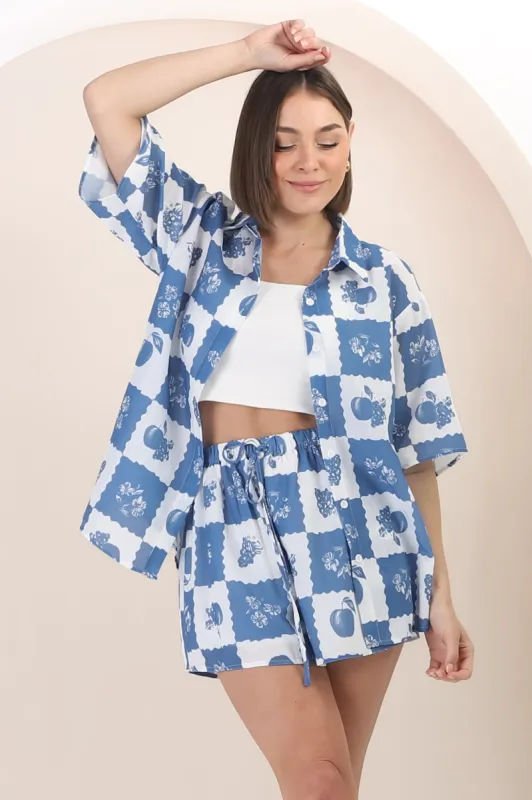 Mirian Button Up Shirt And Shorts Set - Flux Print in Blue sold by Salty Crush