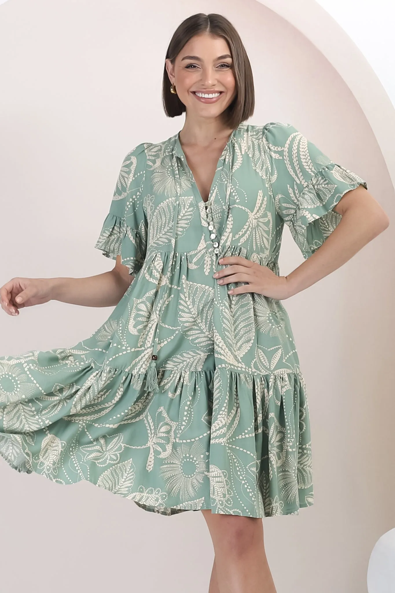Abilia Mini Dress - Mandarin Collar Buttoned Bodice Smock Dress in Havanna Print in Green sold by Salty Crush product image thumbnail 5