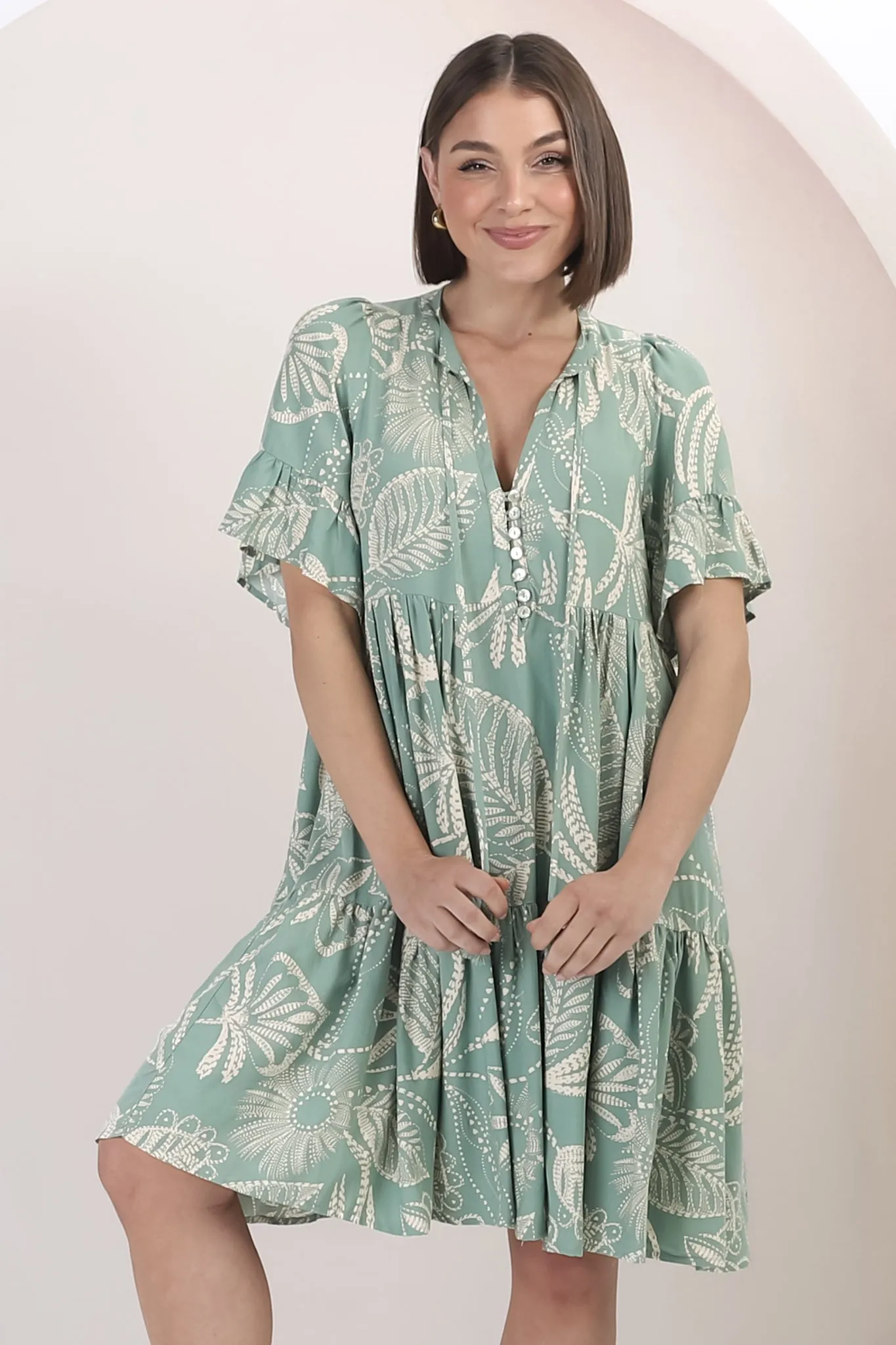 Abilia Mini Dress - Mandarin Collar Buttoned Bodice Smock Dress in Havanna Print in Green sold by Salty Crush