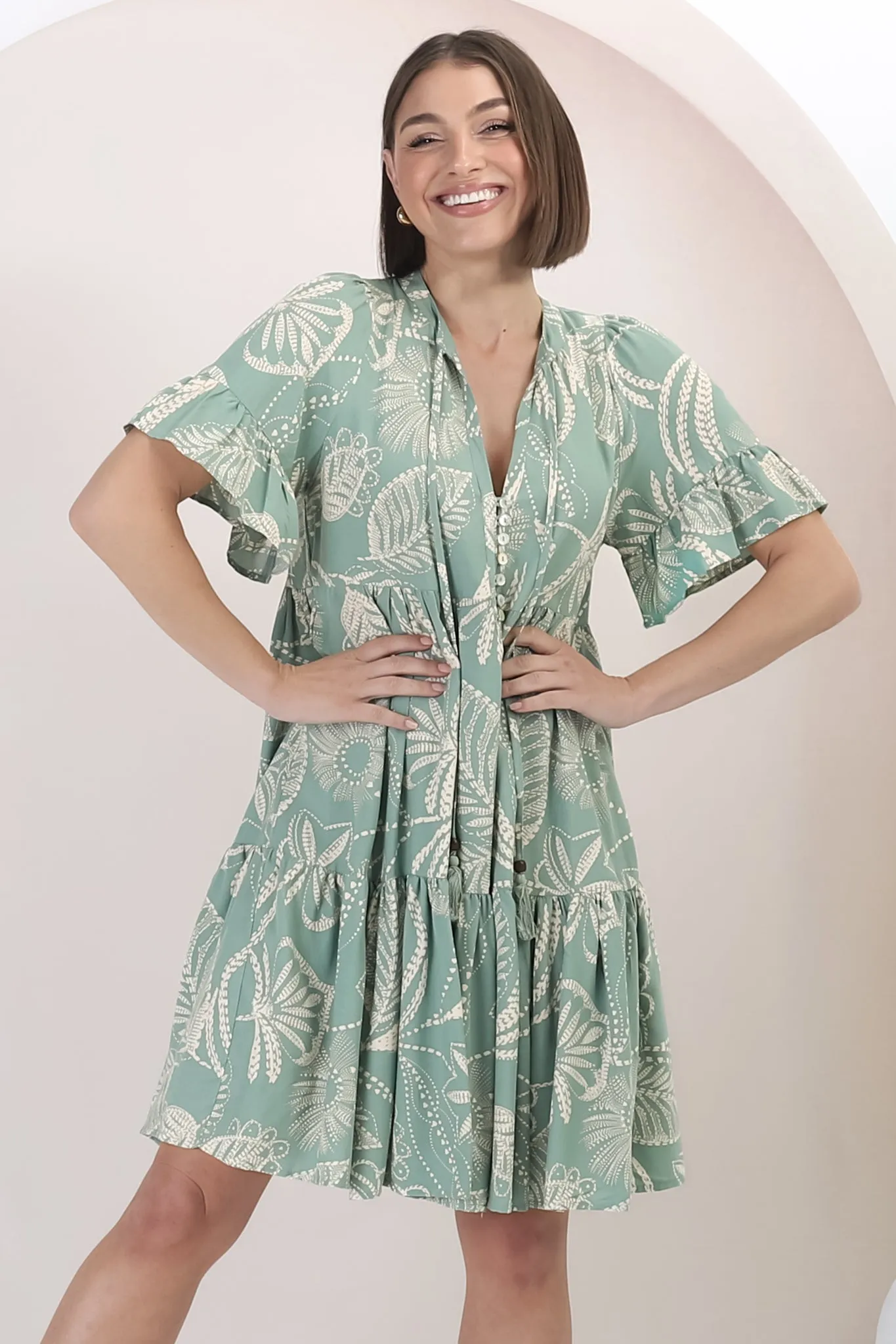 Abilia Mini Dress - Mandarin Collar Buttoned Bodice Smock Dress in Havanna Print in Green sold by Salty Crush product image thumbnail 4