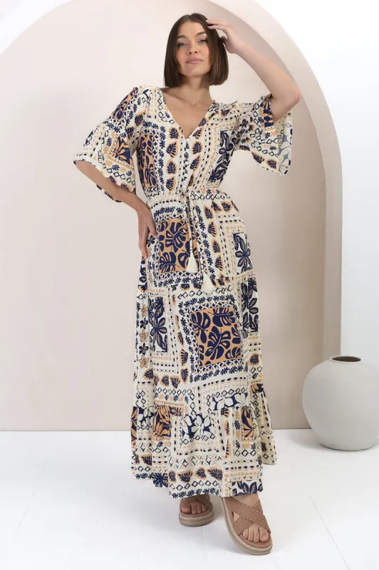 Rae Maxi Dress - Buttoned Bodice Pull Waist A Line Dress in Alphy Print sold by Salty Crush