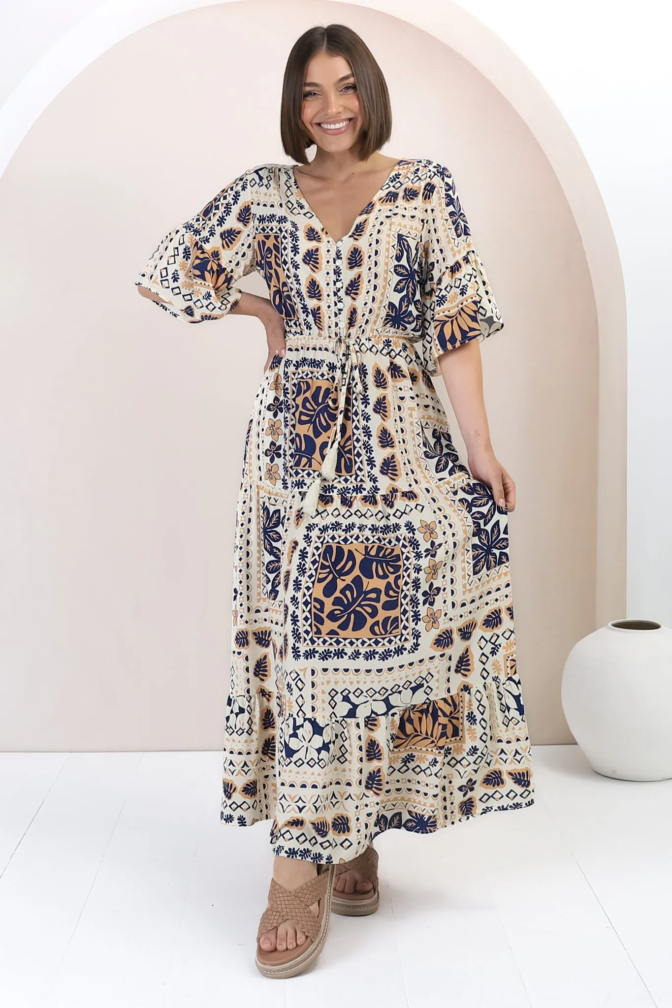 Rae Maxi Dress - Buttoned Bodice Pull Waist A Line Dress in Alphy Print sold by Salty Crush product image thumbnail 3