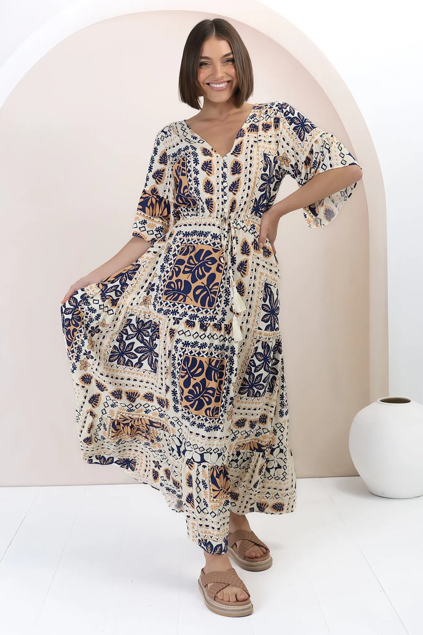 Rae Maxi Dress - Buttoned Bodice Pull Waist A Line Dress in Alphy Print sold by Salty Crush product image thumbnail 2