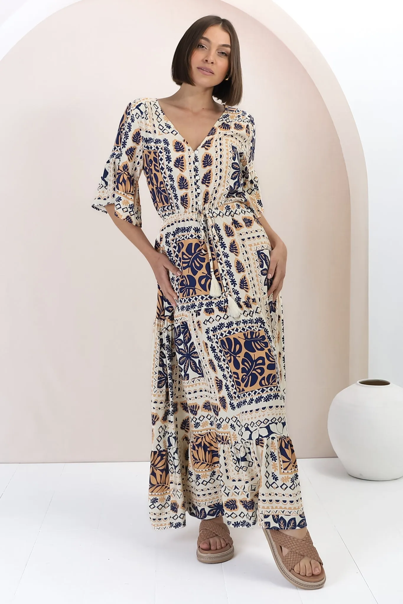 Rae Maxi Dress - Buttoned Bodice Pull Waist A Line Dress in Alphy Print sold by Salty Crush product image thumbnail 5