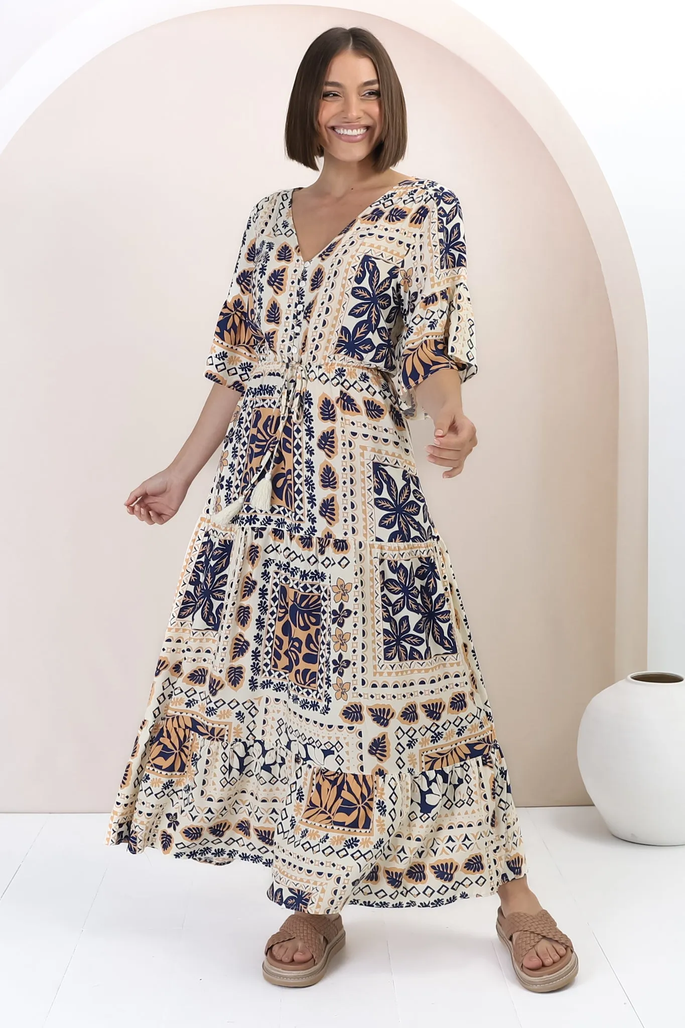 Rae Maxi Dress - Buttoned Bodice Pull Waist A Line Dress in Alphy Print sold by Salty Crush product image thumbnail 4