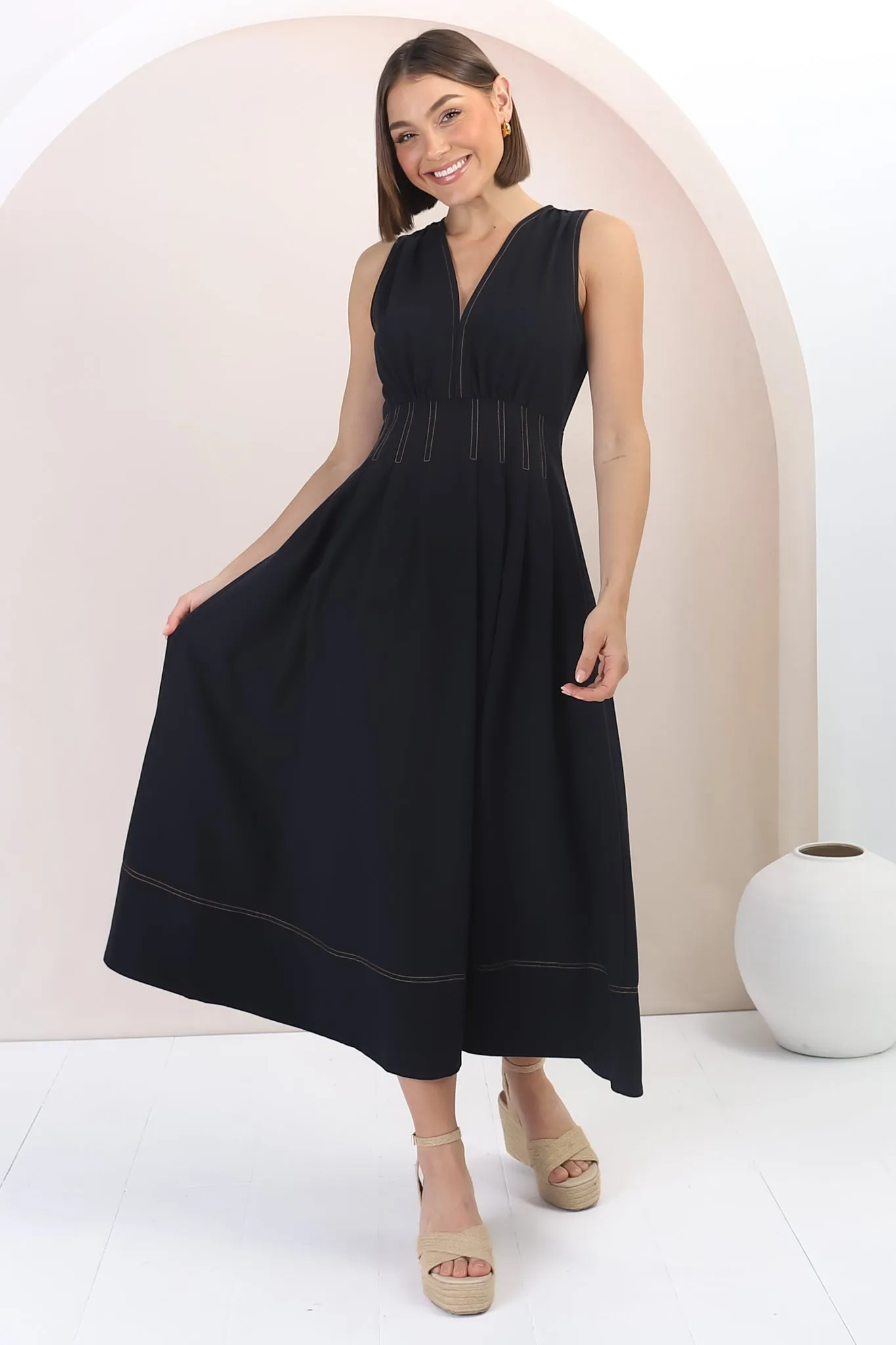 Lora Midi Dress - Sleeveless Detailed Waist Line Dress in Navy sold by Salty Crush product image thumbnail 4