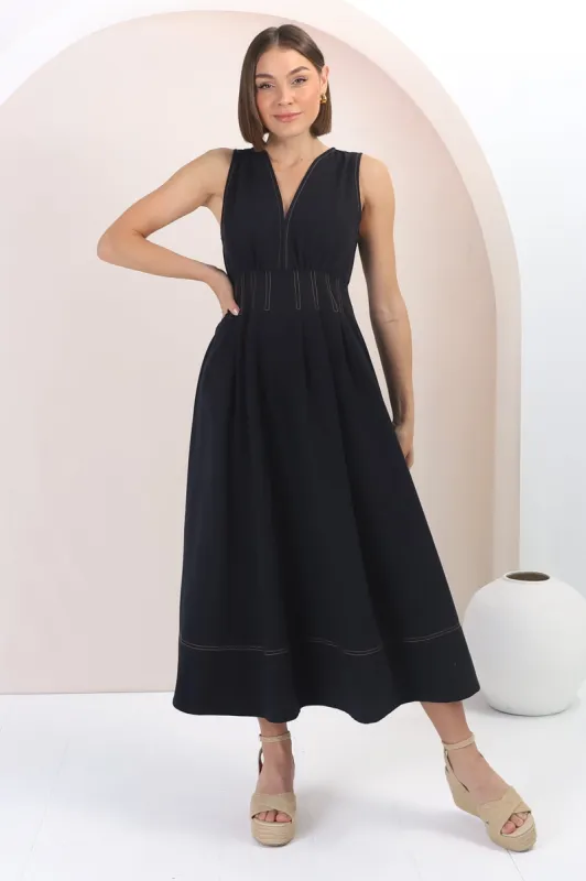 Lora Midi Dress - Sleeveless Detailed Waist Line Dress in Navy sold by Salty Crush