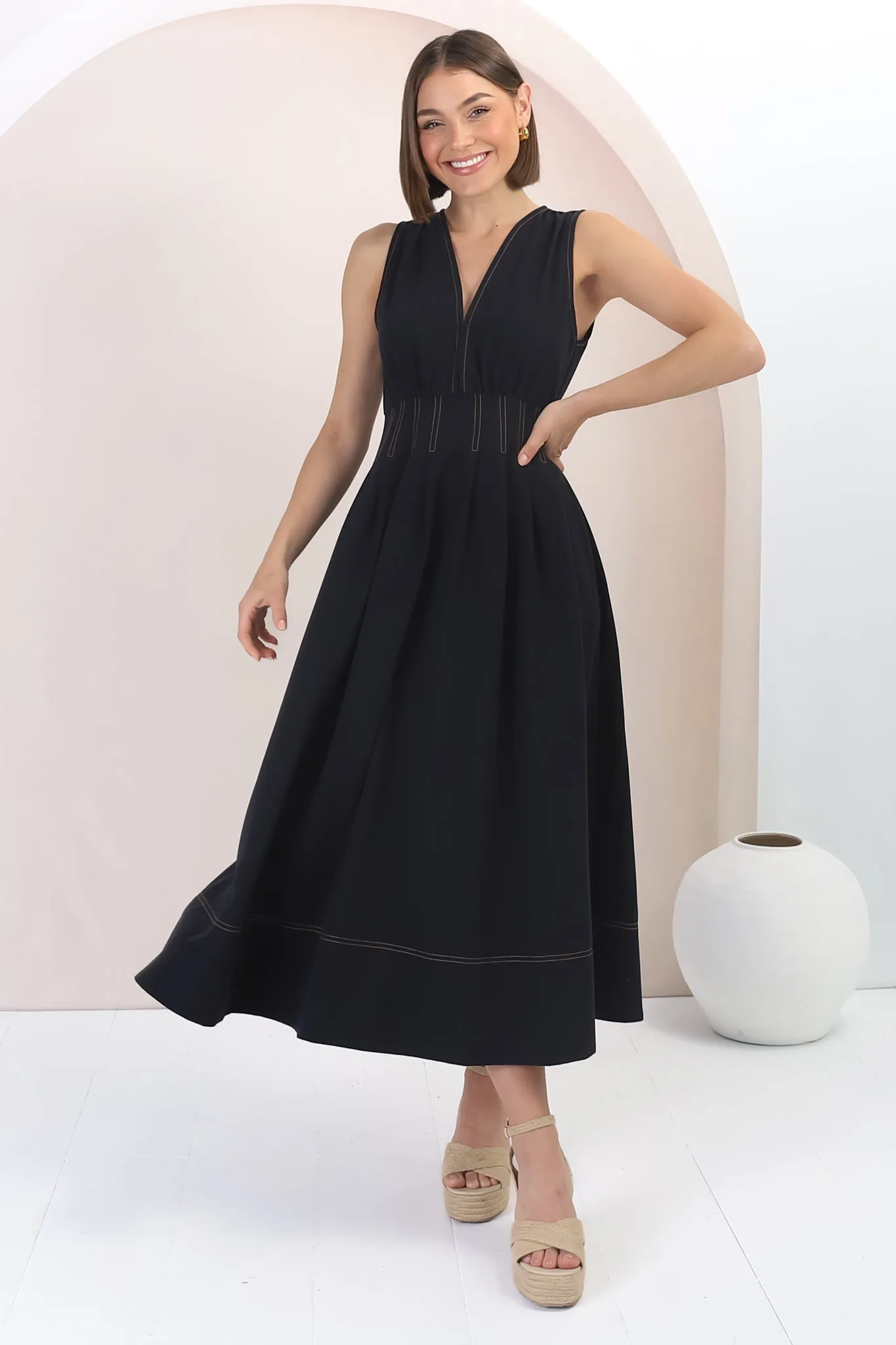 Lora Midi Dress - Sleeveless Detailed Waist Line Dress in Navy sold by Salty Crush product image thumbnail 3