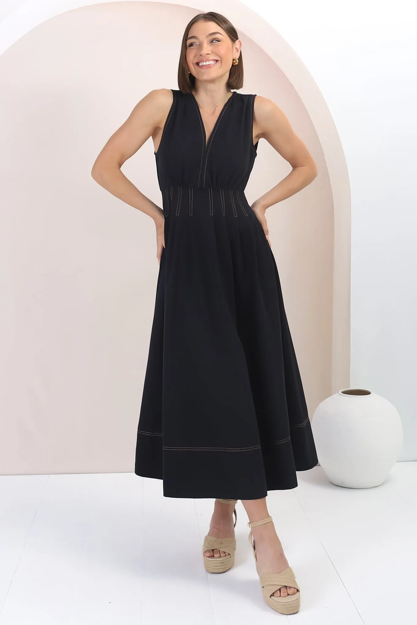 Lora Midi Dress - Sleeveless Detailed Waist Line Dress in Navy sold by Salty Crush product image thumbnail 2