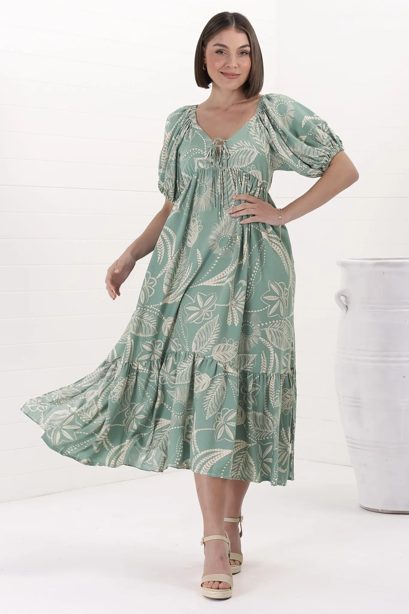 Nielly Midi Dress - V Neck Tie Bust A Line Dress with Balloon Sleeves in Havanna Print Green sold by Salty Crush product image thumbnail 3