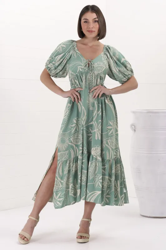 Nielly Midi Dress - V Neck Tie Bust A Line Dress with Balloon Sleeves in Havanna Print Green sold by Salty Crush
