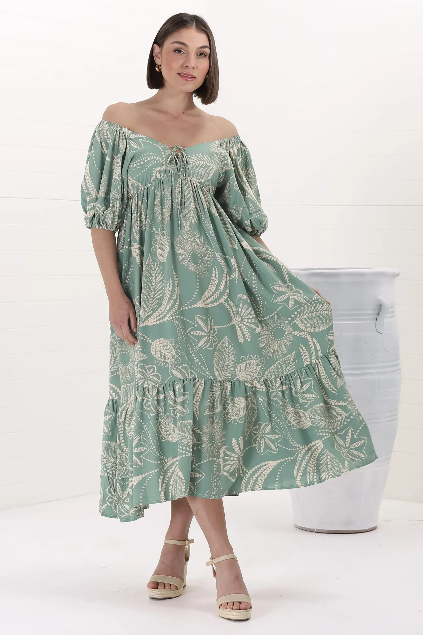 Nielly Midi Dress - V Neck Tie Bust A Line Dress with Balloon Sleeves in Havanna Print Green sold by Salty Crush product image thumbnail 2