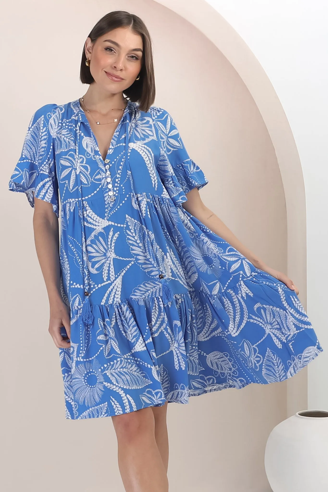 Abilia Mini Dress - Mandarin Collar Buttoned Bodice Smock Dress in Havanna Print in Blue sold by Salty Crush product image thumbnail 5