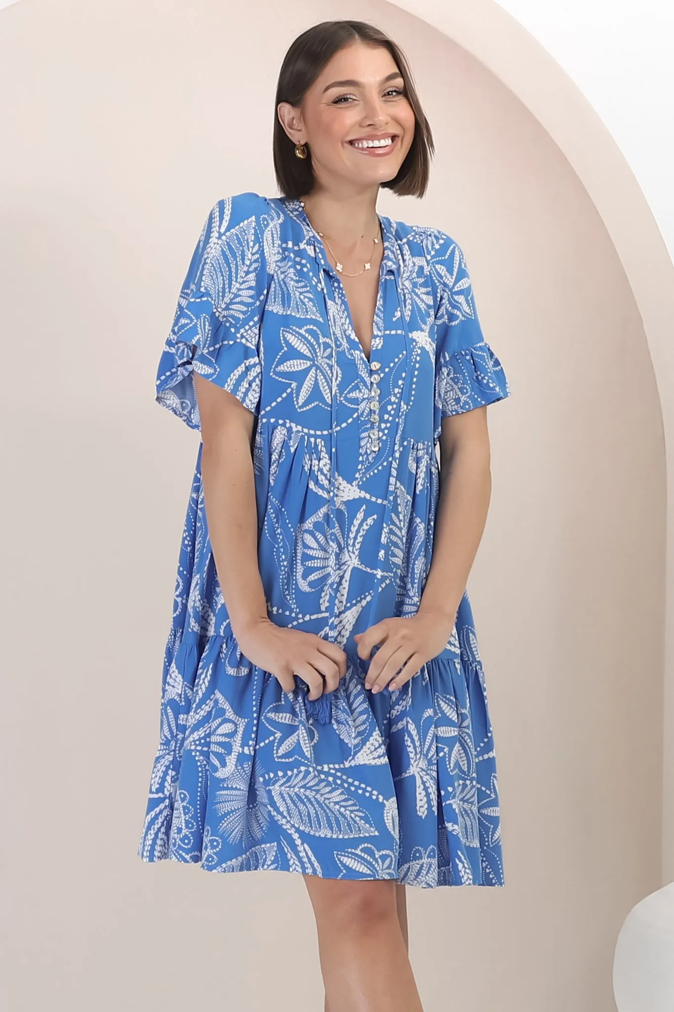 Abilia Mini Dress - Mandarin Collar Buttoned Bodice Smock Dress in Havanna Print in Blue sold by Salty Crush product image thumbnail 2