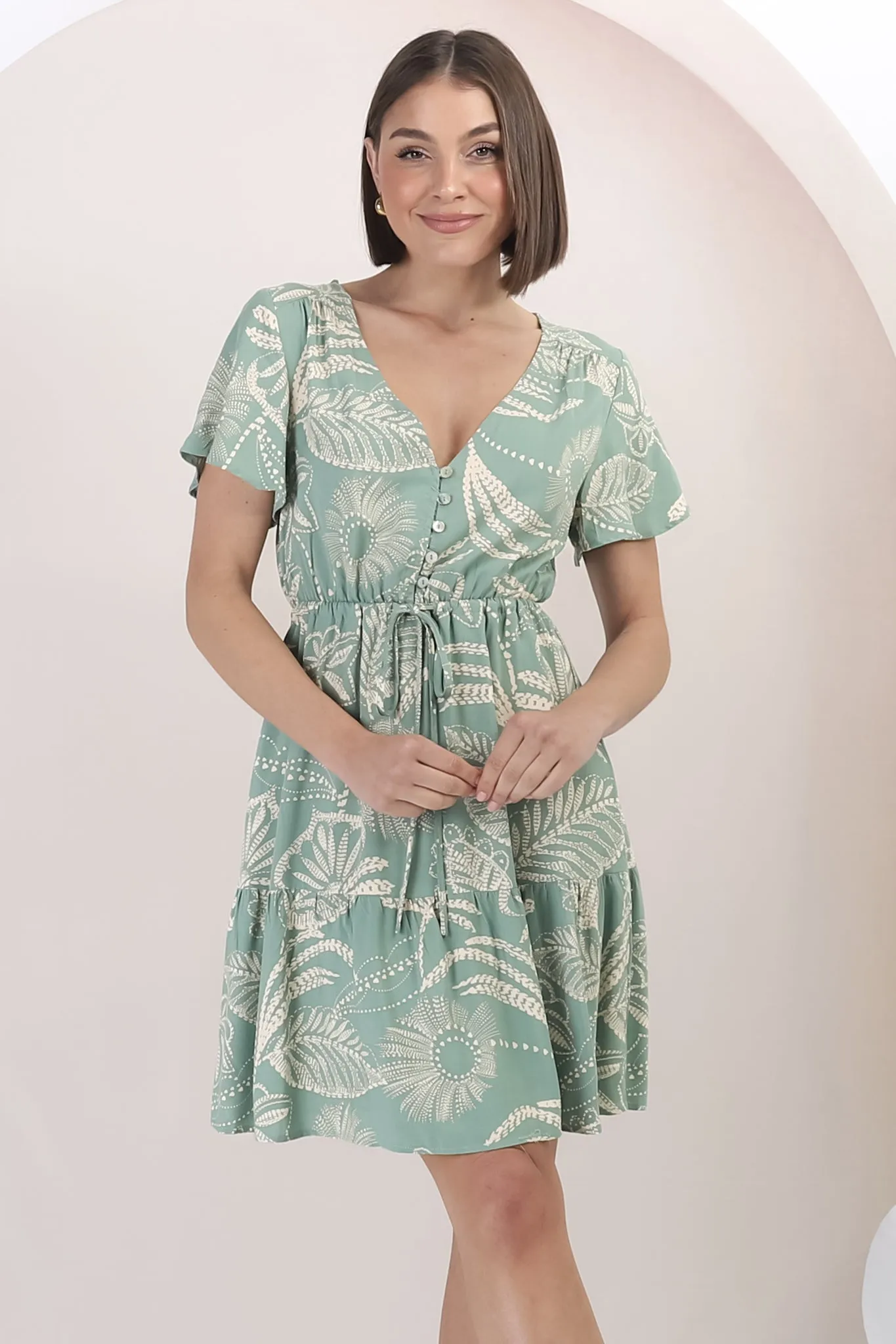 Rosane Mini Dress - Cap Sleeve A Line Dress with Pull Tie Waist in Havanna Print Green sold by Salty Crush product image thumbnail 5