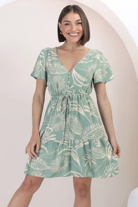 Rosane Mini Dress - Cap Sleeve A Line Dress with Pull Tie Waist in Havanna Print Green sold by Salty Crush