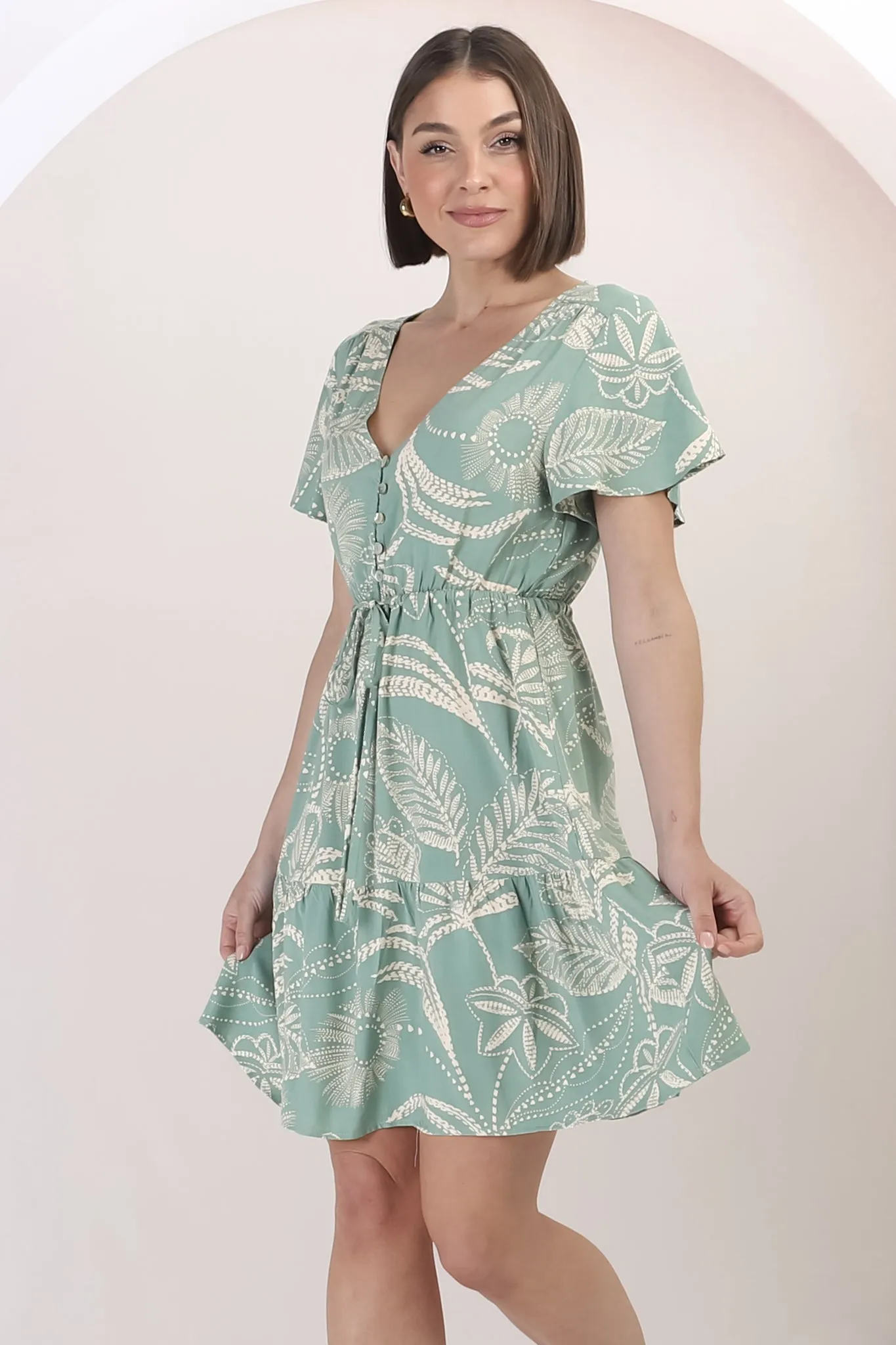 Rosane Mini Dress - Cap Sleeve A Line Dress with Pull Tie Waist in Havanna Print Green sold by Salty Crush product image thumbnail 4
