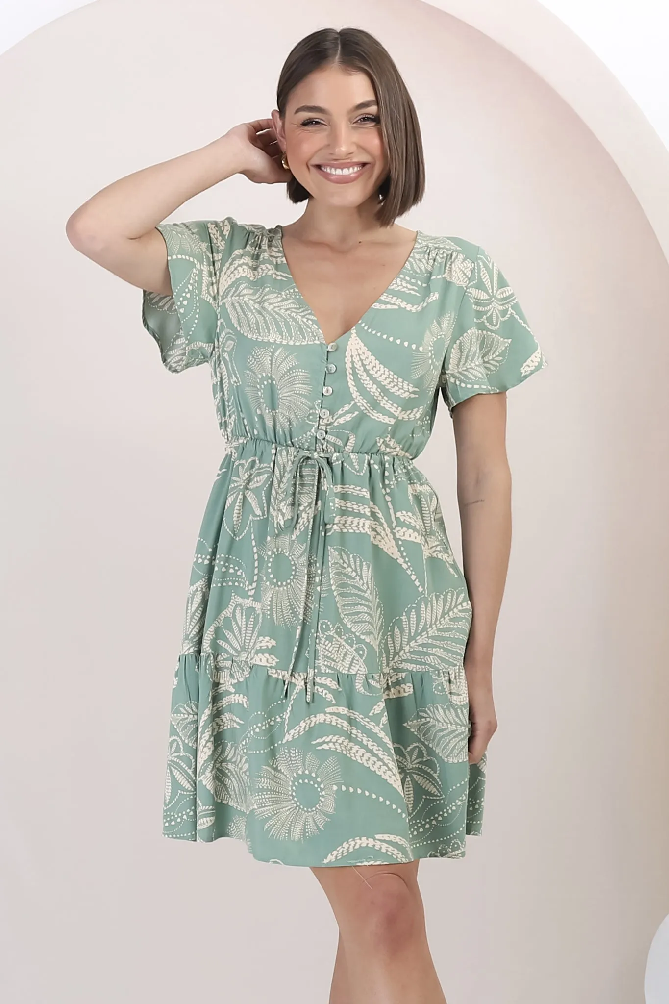 Rosane Mini Dress - Cap Sleeve A Line Dress with Pull Tie Waist in Havanna Print Green sold by Salty Crush product image thumbnail 2
