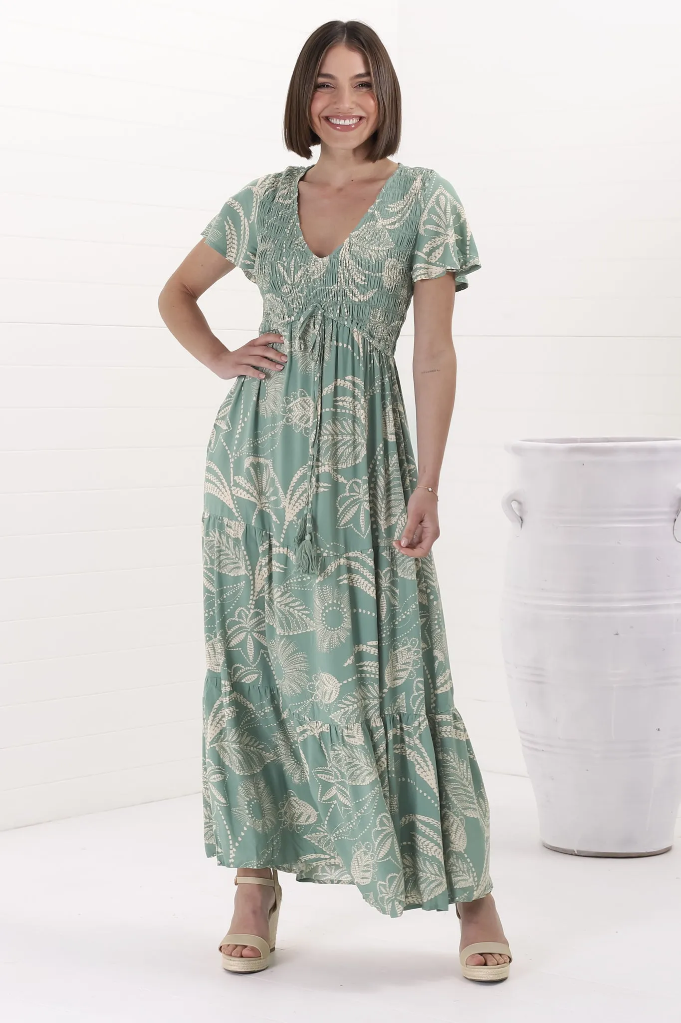 Amaya Maxi Dress - Shirred Cap Sleeve A Line Dress in Havanna Print Green sold by Salty Crush product image thumbnail 4