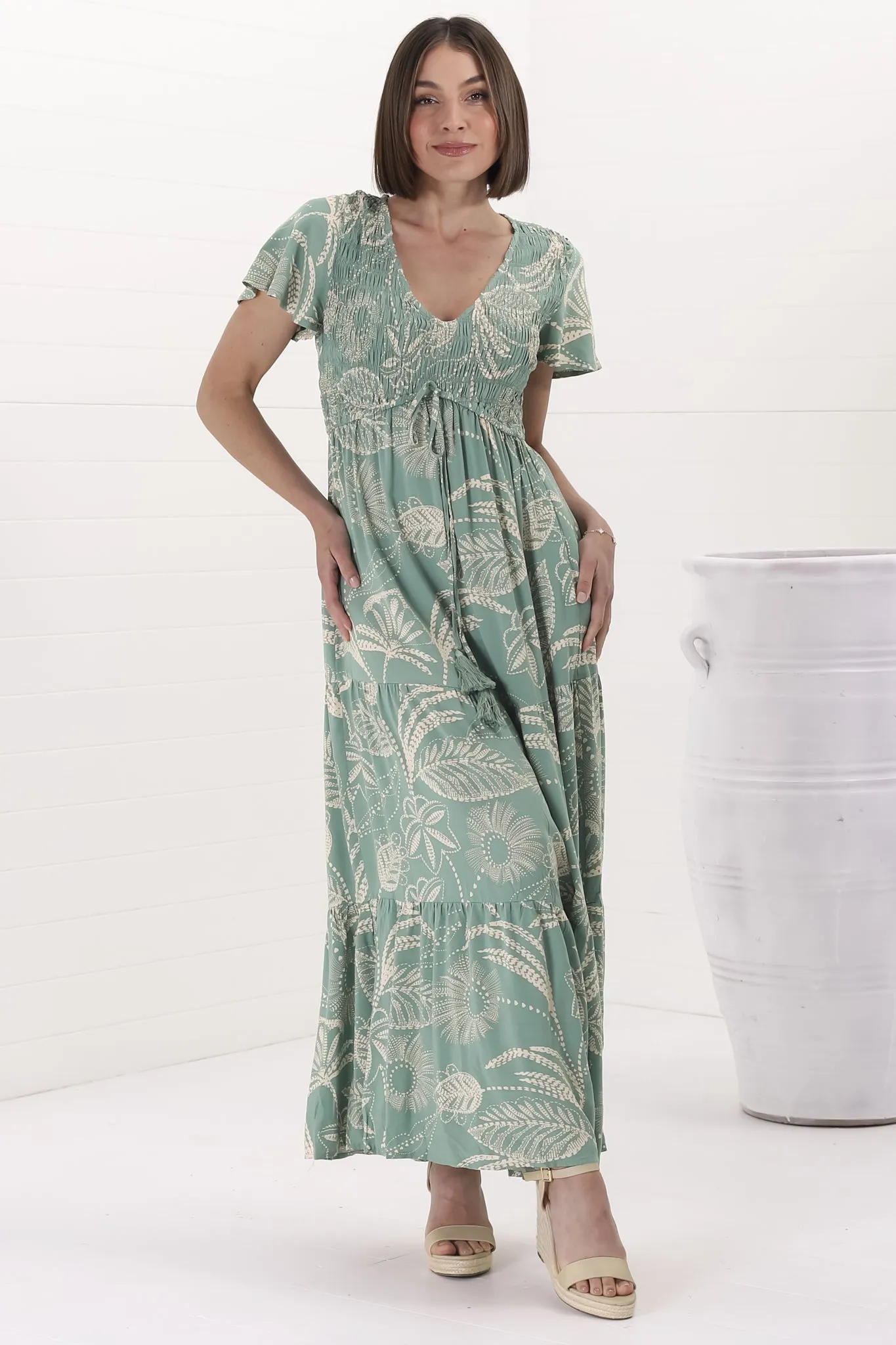 Amaya Maxi Dress - Shirred Cap Sleeve A Line Dress in Havanna Print Green sold by Salty Crush product image thumbnail 5
