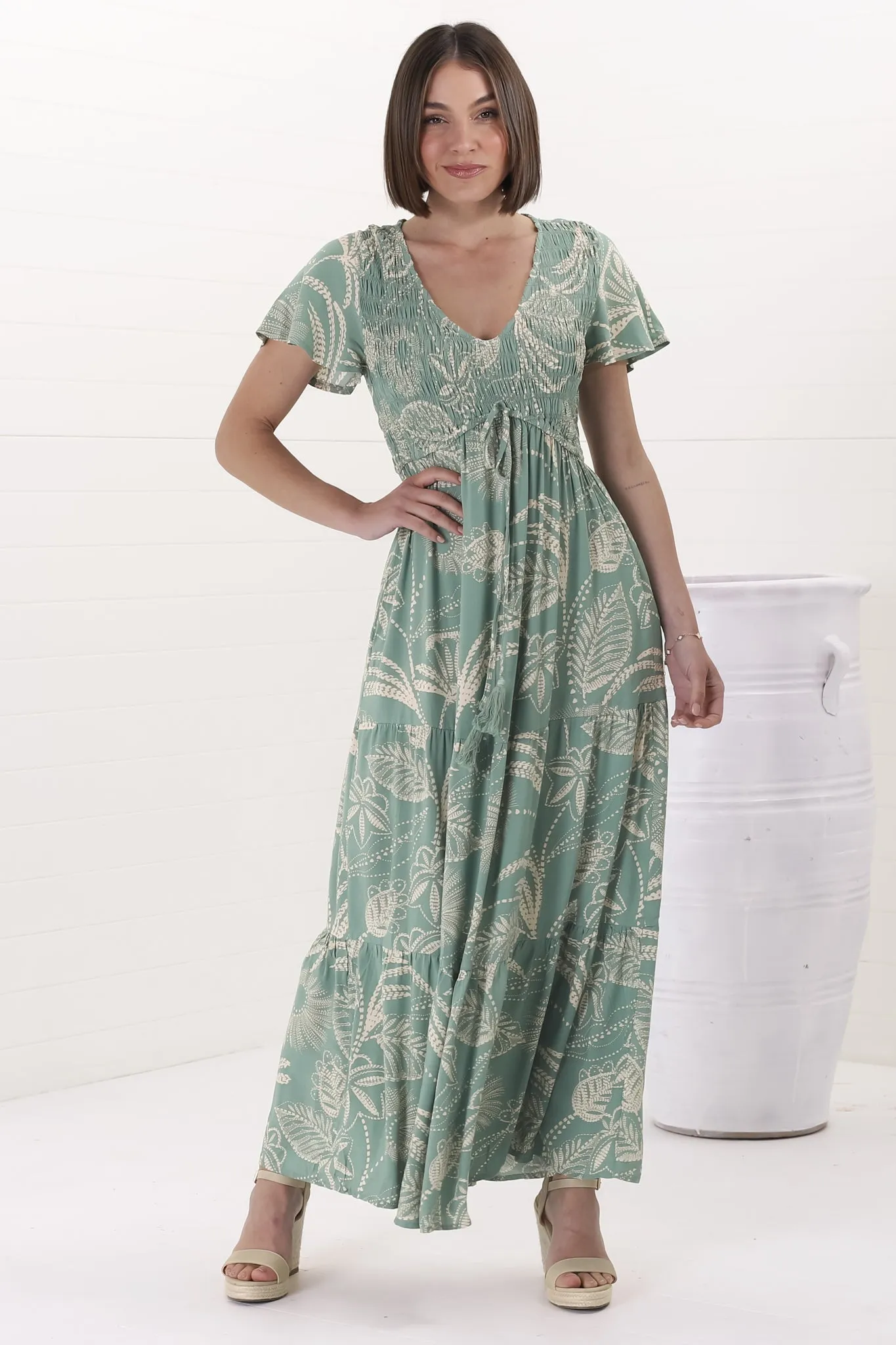 Amaya Maxi Dress - Shirred Cap Sleeve A Line Dress in Havanna Print Green sold by Salty Crush product image thumbnail 2